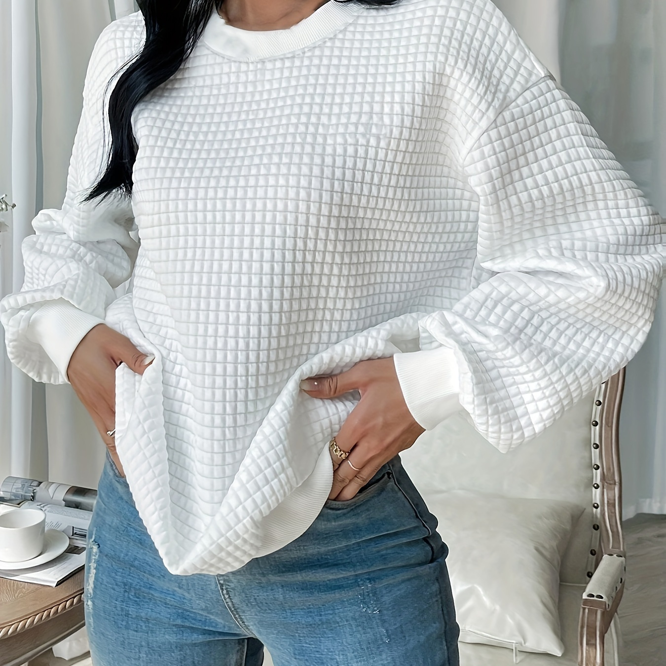 

Plus Size Casual Sweatshirt, Women's Plus Solid Waffle Pattern Long Sleeve Round Neck Sweatshirt