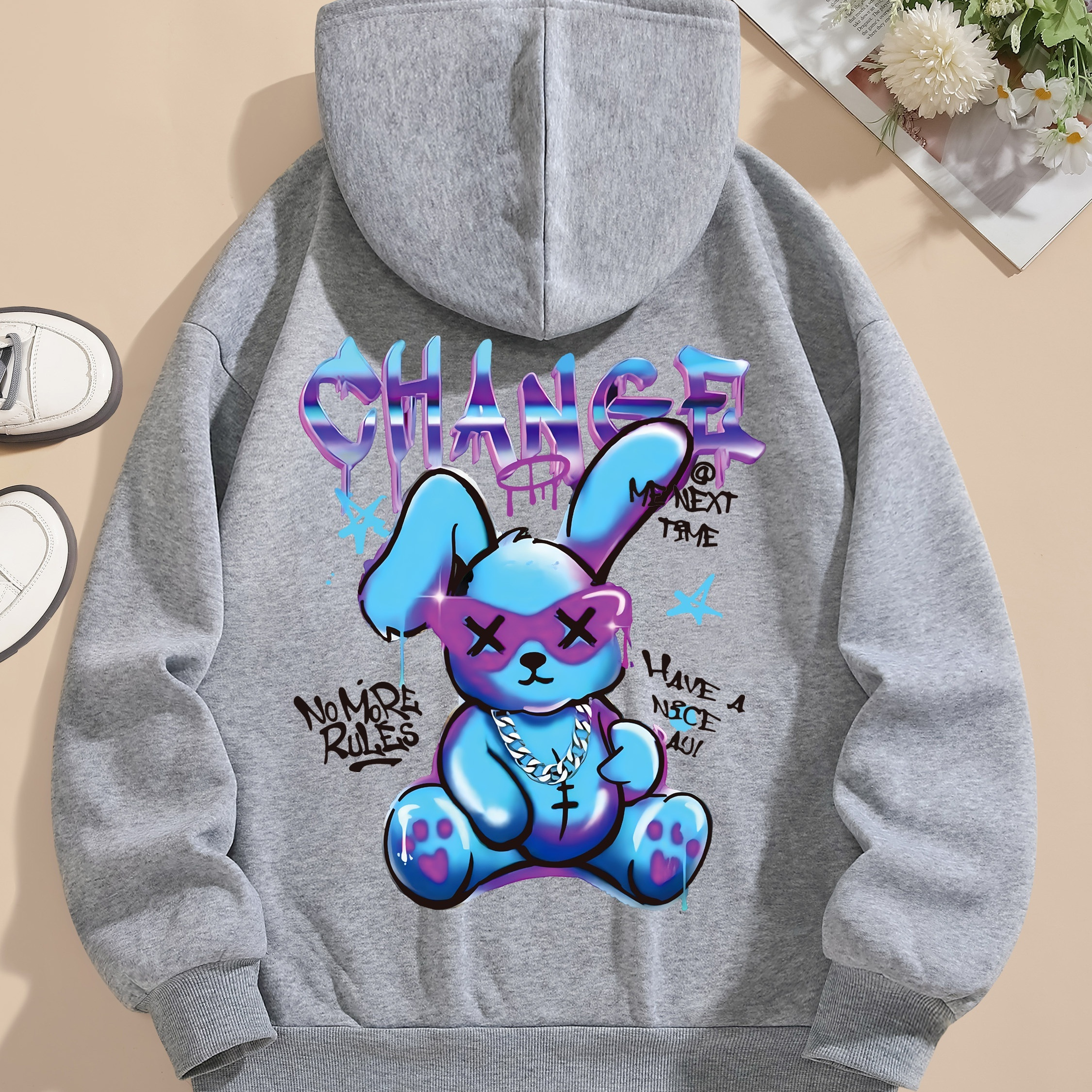 

Sweat à capuche imprimé lapin, sweat-shirt à capuche décontracté avec cordon de serrage pour l'hiver et , vêtements pour femmes