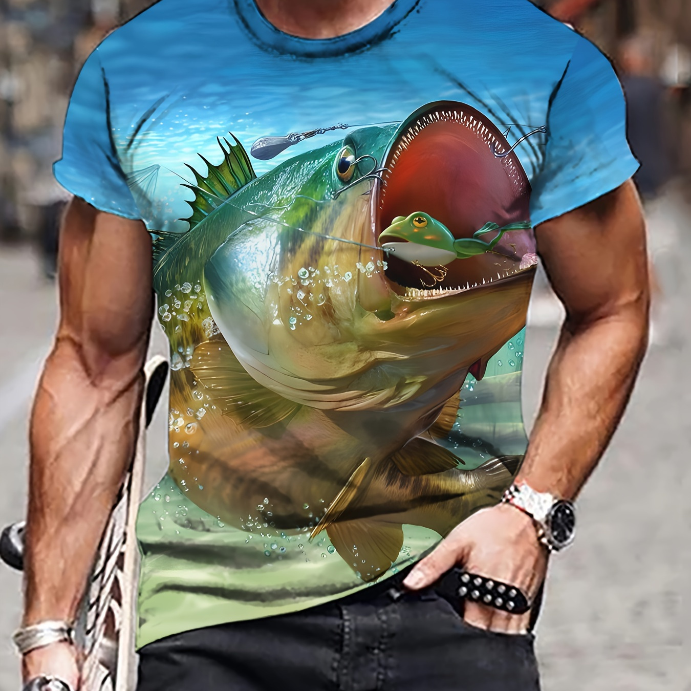 

Men's Fish Print T-shirt, Casual Short Sleeve Crew Neck Tee, Men's Clothing For Outdoor