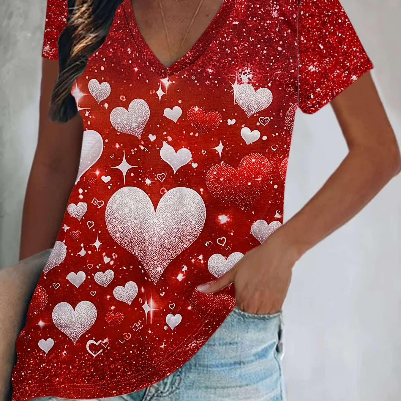 

Glitter Valentines Day Hearts Short Sleeve V Neck Print Top