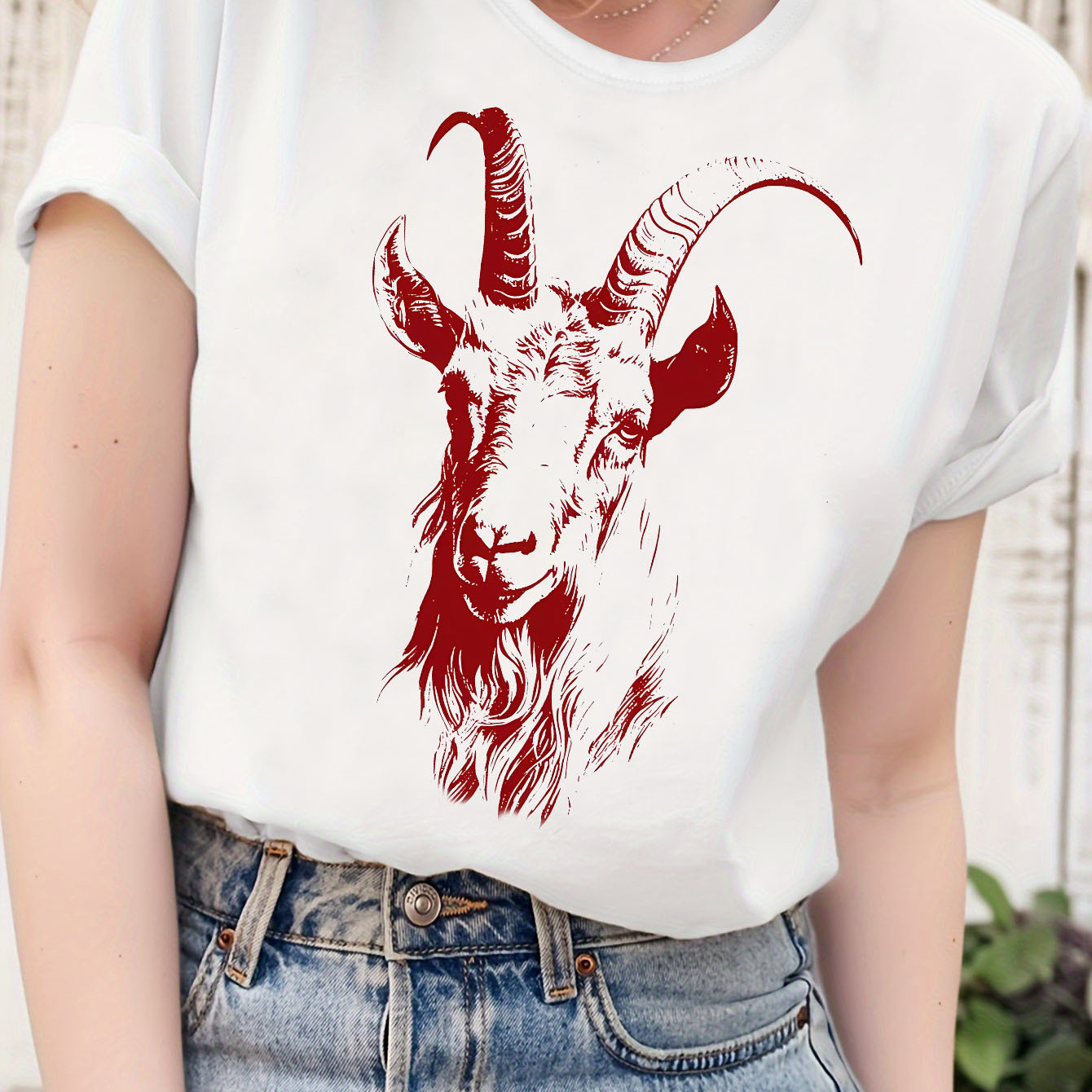 

T-shirt à col rond imprimé chèvre, haut décontracté à manches courtes pour l'été et , vêtements pour femmes