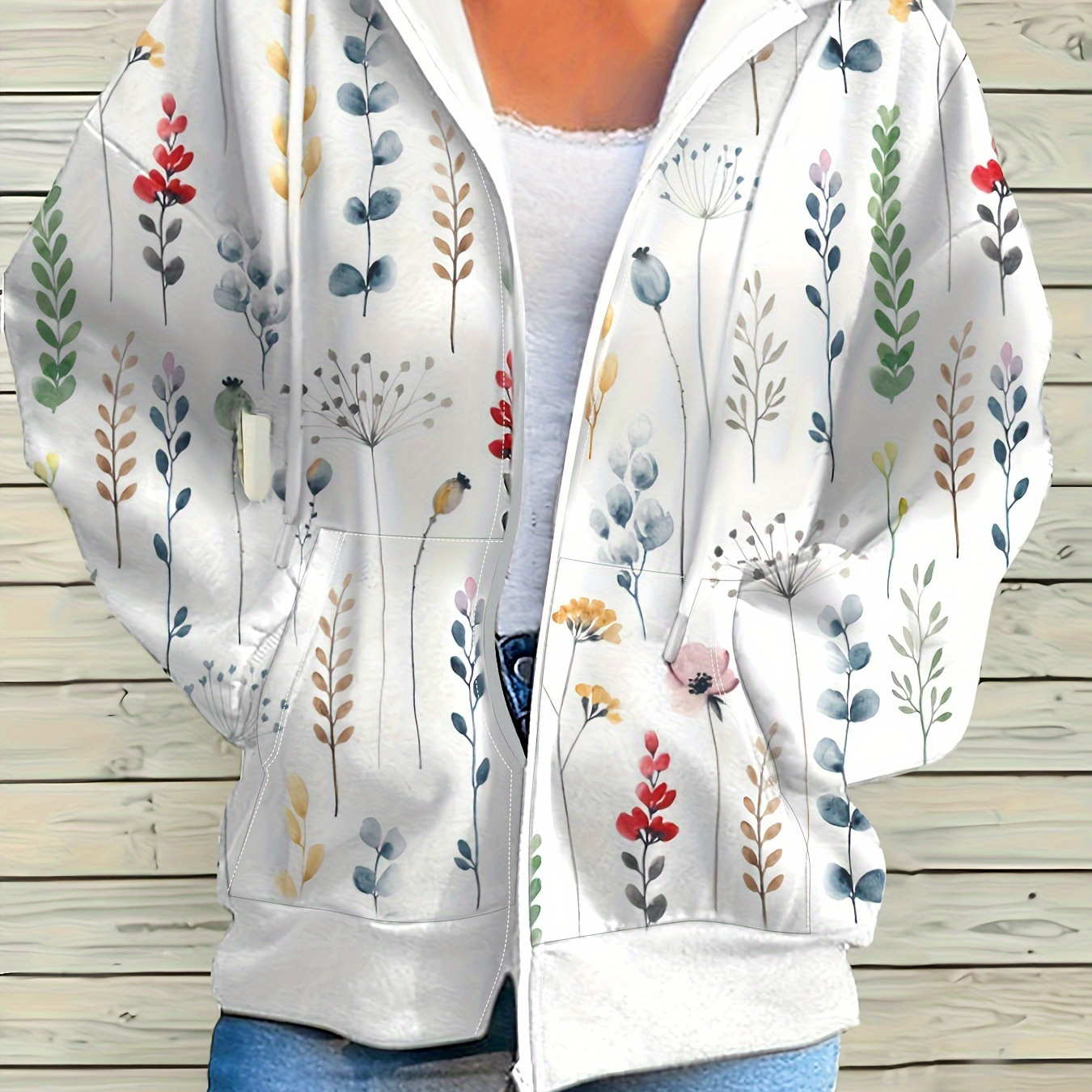 

Plus Size Plant Print Pocket Hooded Coat, Casual Long Sleeve Drawstring Jacket For Fall & Winter, Women's Plus Size Clothing