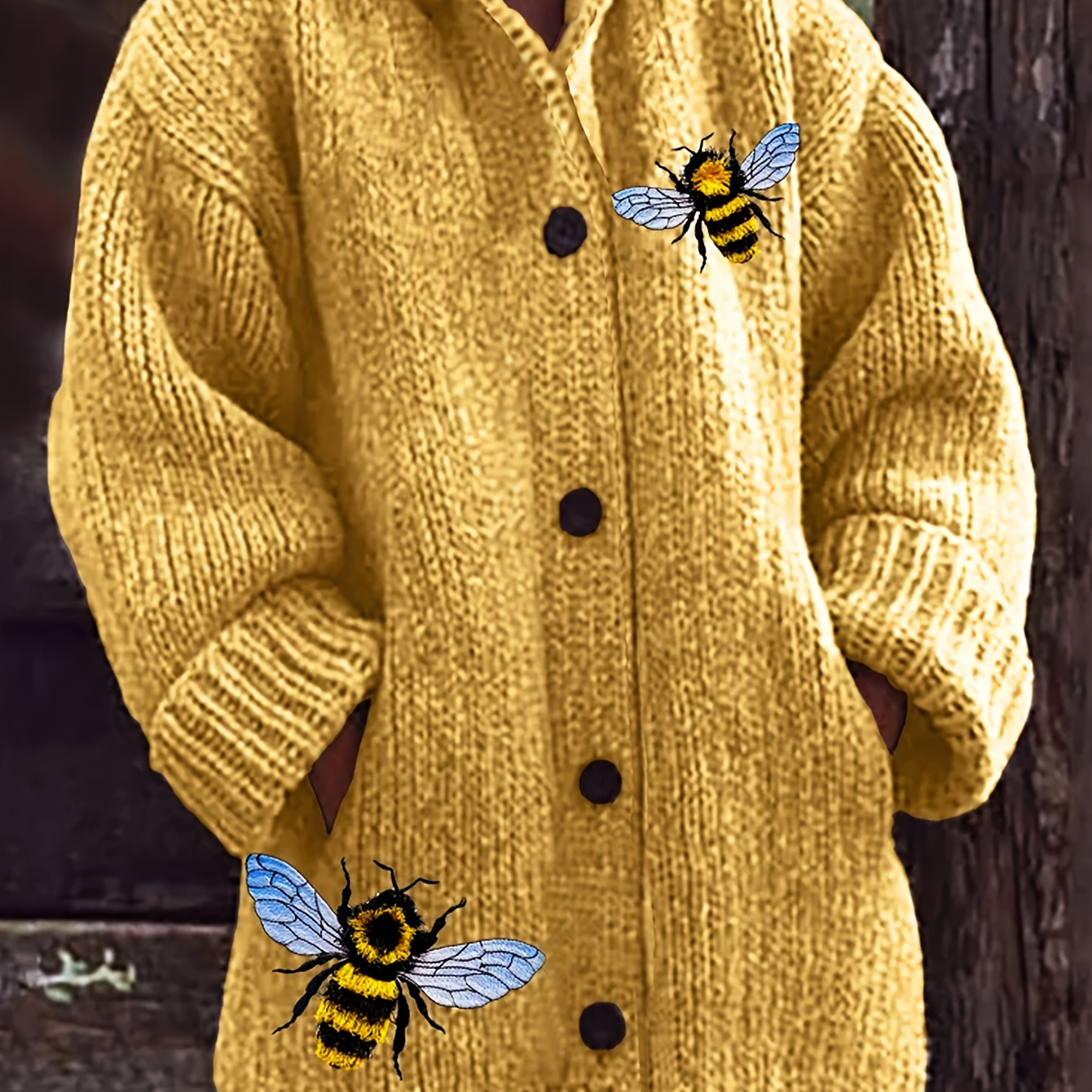 

3j3 Bee Embroidered Acrylic Hooded Coat | Casual Knit Outerwear With Button-up Front And Pockets | | Earthy Brown | Hand Wash Or | Unique Animal , Comfortable Outerwear | Buttonup Coat | Textured Knit