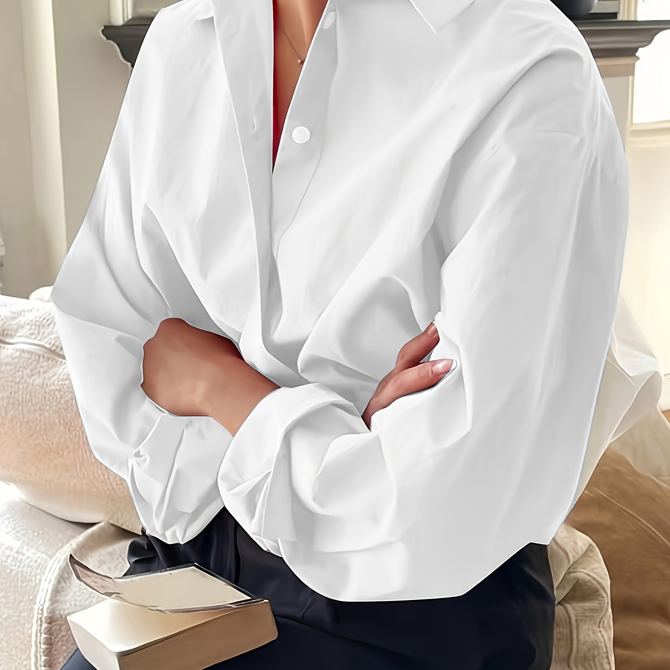 

Plus Size Elegant Women's Long Sleeve Shirt - Casual , Solid Color, Button-up Blouse With Lapel Collar, Machine Washable, Polyester, , Plus Size Blouses