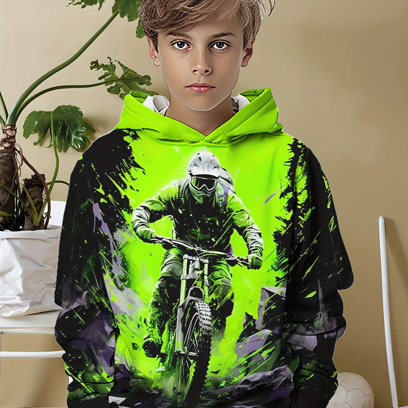 

Cool Motorcross Rider 3d Print Hoodies For Boys - Casual Graphic Design With Stretch Fabric For Comfortable Spring/autumn Wear