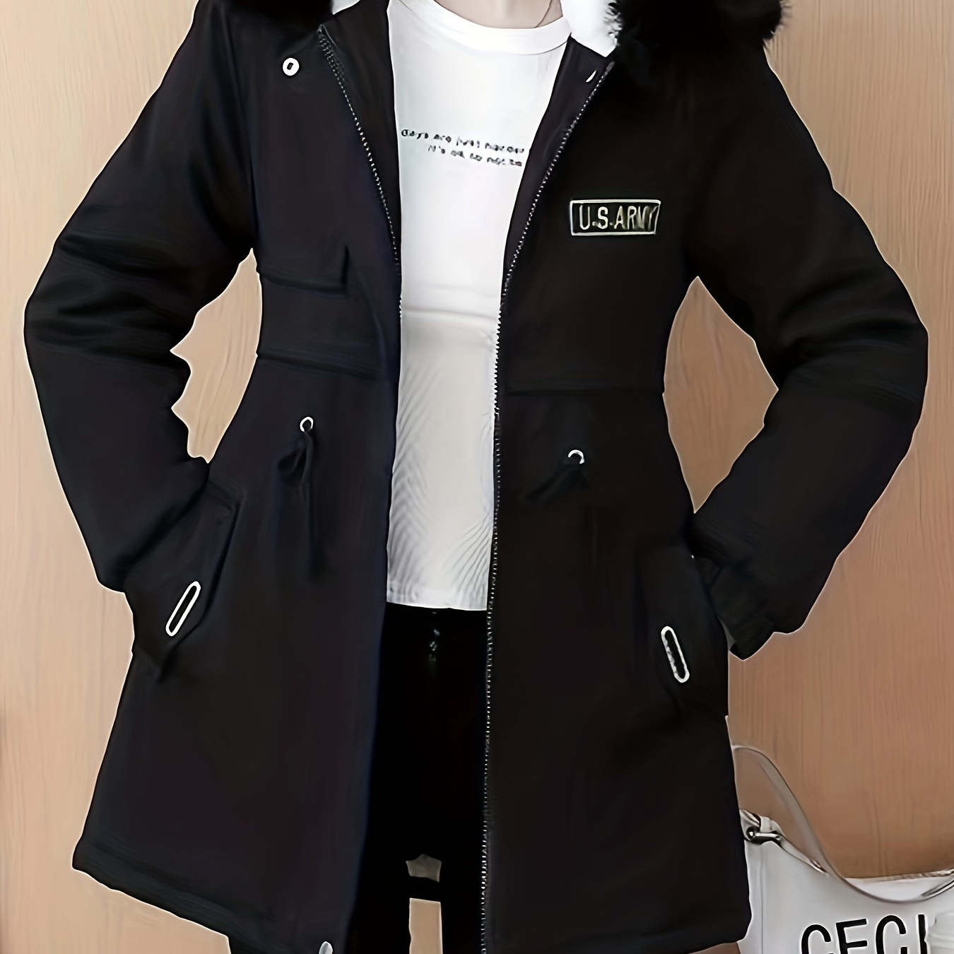 

Fluffy Trim Zip Up Coat, Casual Solid Long Sleeve Winter Outerwear, Women's Clothing