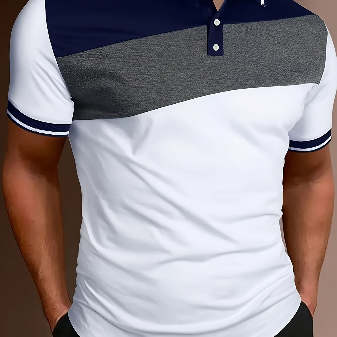 

Men's Color Blocked Short Sleeve Lapel Golf Shirts, Casual Style Slight Stretch Regular Fit Summer Tops, Summer Golf Shirts