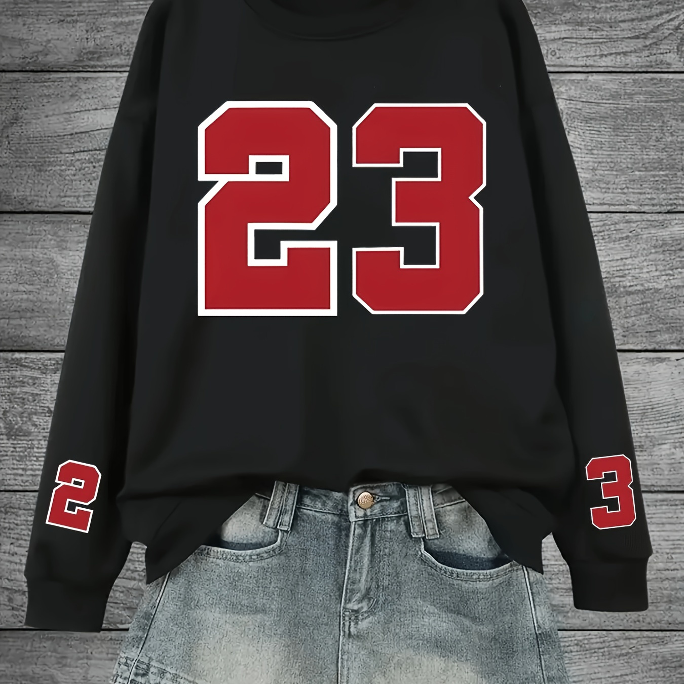 

Women's Casual Crew Neck Sweatshirt With Number 23 Print - 100% Polyester Long Sleeve Pullover For With Stretch, Knit Fabric - Fashionable Alphabet Pattern Athletic Style Top For All