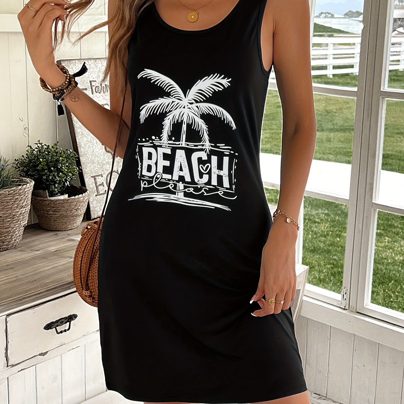 

Beach Tree Print Tank Dress, Casual Crew Neck Sleeveless Dress For Spring & Summer, Women's Clothing