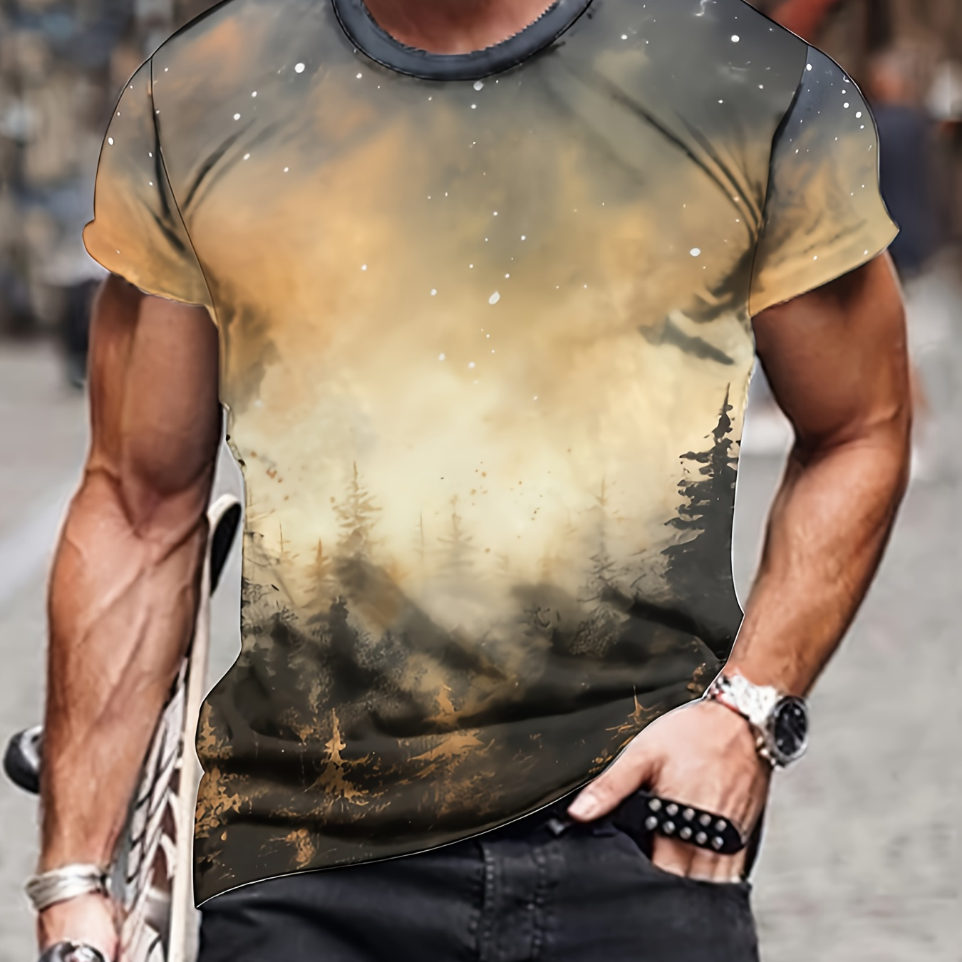 

Men's Forest In Dusk And Falling Snowflakes Print Short Sleeve T-shirt, Casual Comfy Top For Summer