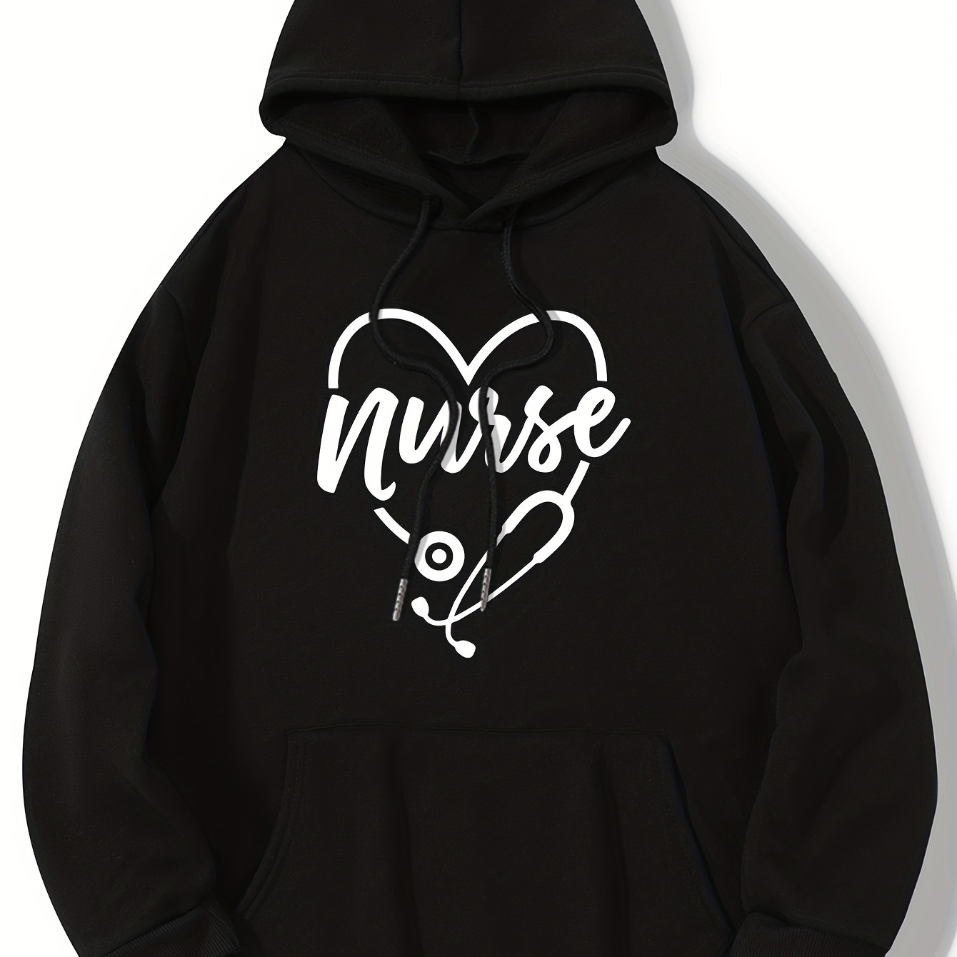 

Plus Size Casual Sweatshirt, Women's Plus Heart & Letter Print Fleece Liner Long Sleeve Drawstring Hooded Sweatshirt With Pockets