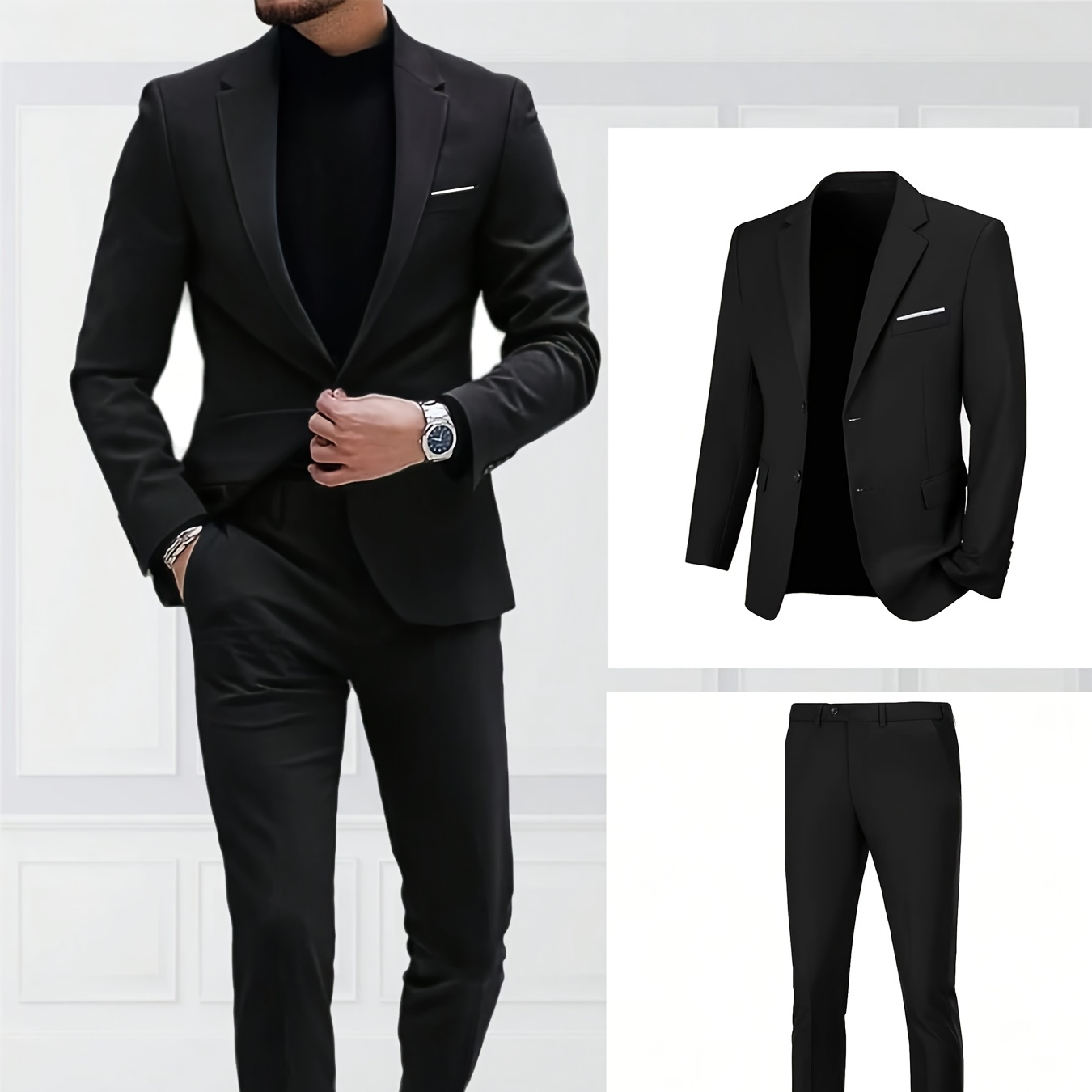 

2pcs Men's Suit Set, Single-breasted Two-button Black Suit And Trousers, Lapel Suit, Wedding Dress, Best For Man Suit, Work Uniform, Party Dress, Holiday Gift, Light , Conventional Version, All//all