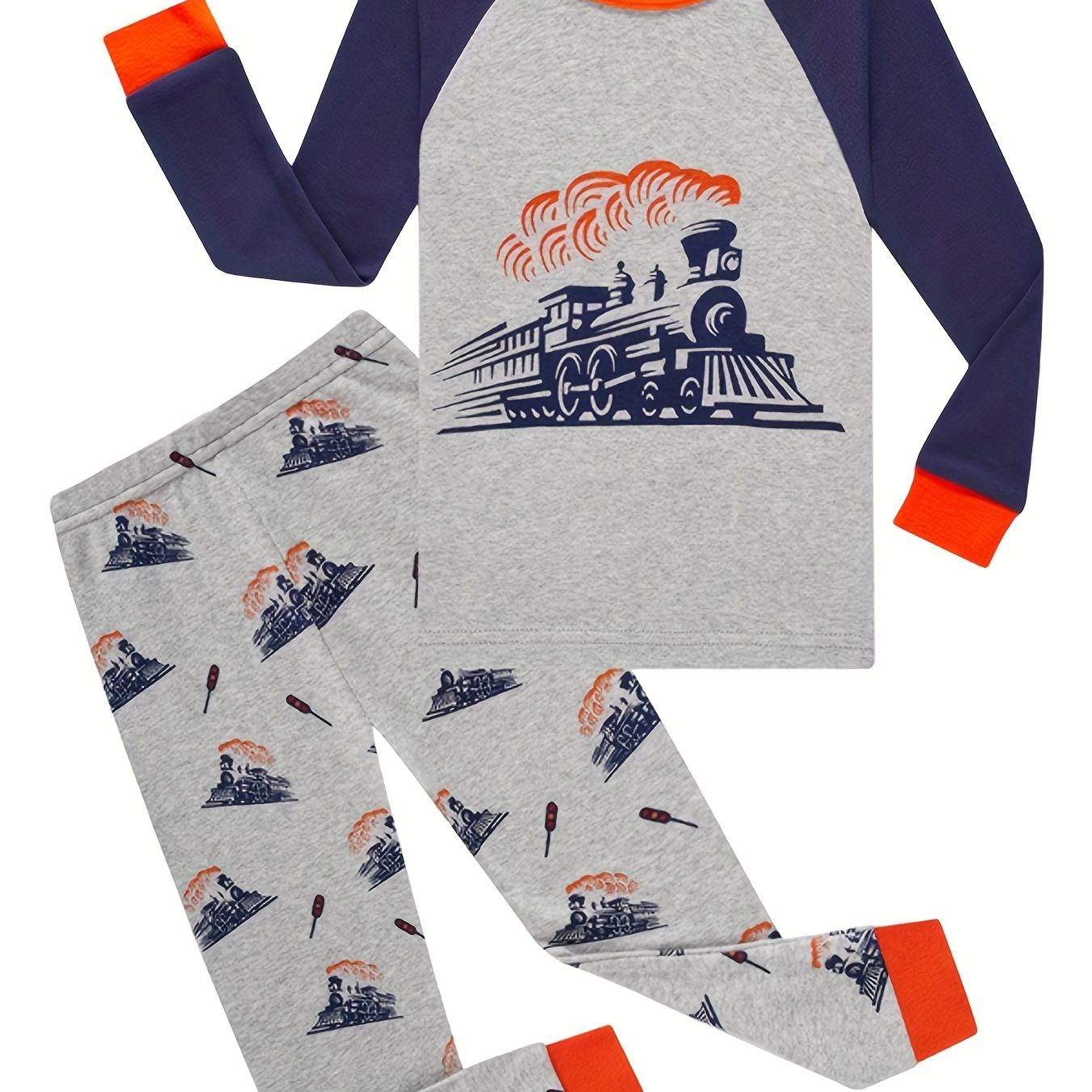 2pcs Boys Casual Train Graphic Print Long Sleeve T-Shirt&Pants Set, Comfy Summer Kids Clothing