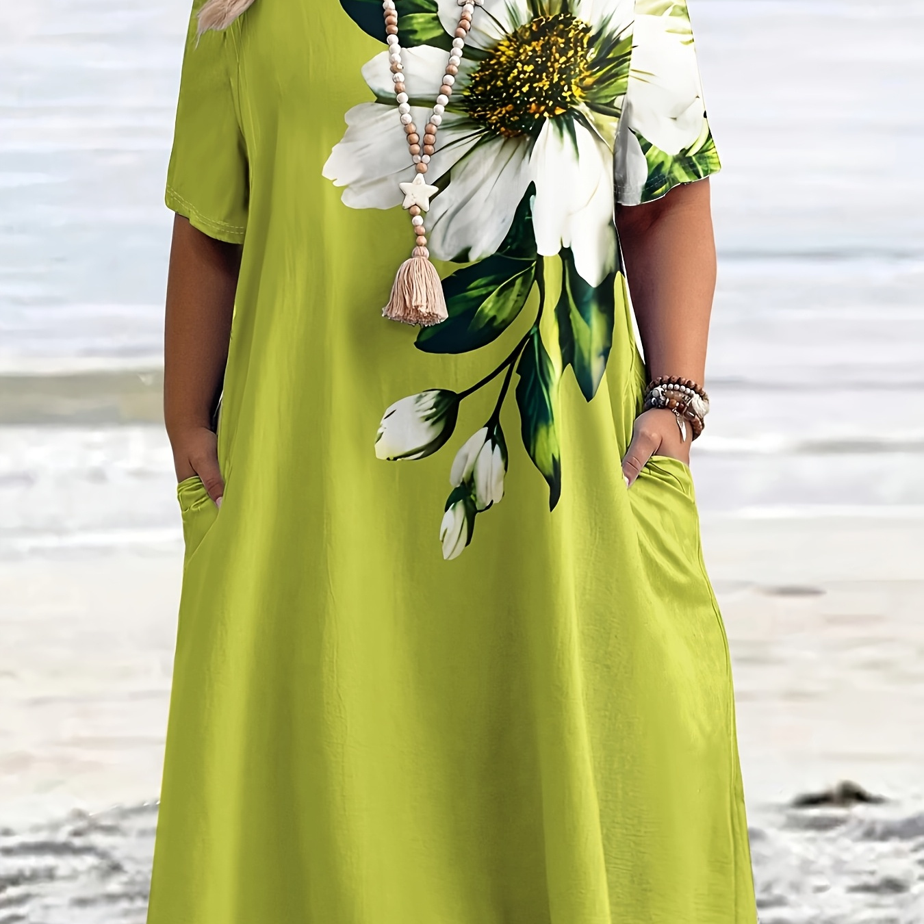 TEMU Plus Size - Women's Plus Size Dress - Casual Floral Print, Short Sleeve, Round Neck, Pockets, Wear, Polyester, Vacation Attire floral Print Dress polyester Fabric