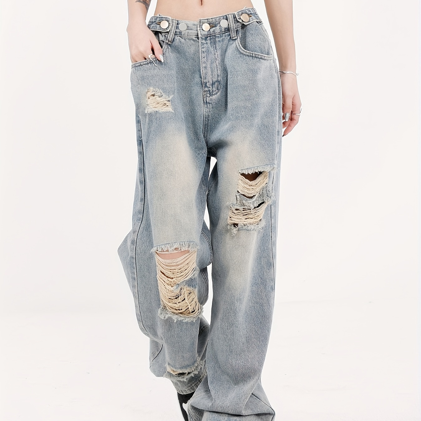 

Blue Loose Fit Straight Jeans, Washed Ripped Holes Ombre Non-stretch Baggy Denim Pants, Women's Denim Jeans & Clothing
