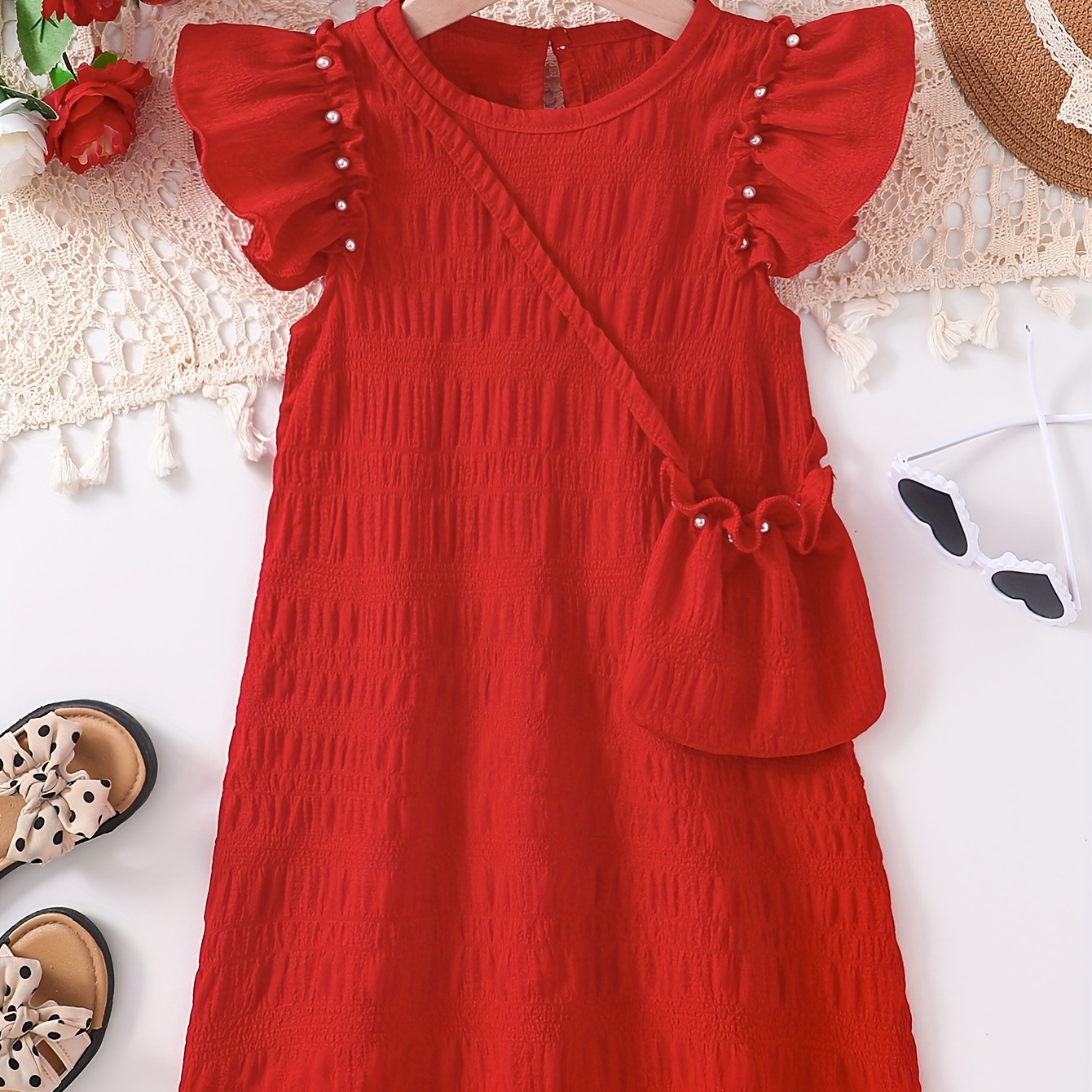 

Elegant Girls Solid Ruffle Trim Crew Neck Dress With Bag For Summer Valentine's Day Gift