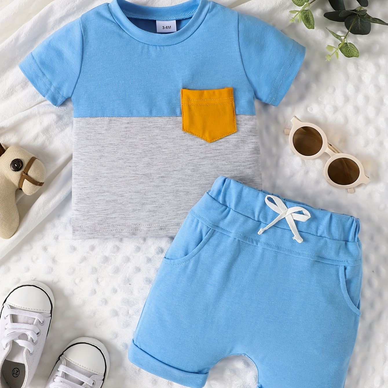 

2pcs Infant & Toddler's Color Clash Summer Set, Crew Neck T-shirt & Casual Shorts, Baby Boy's Clothes