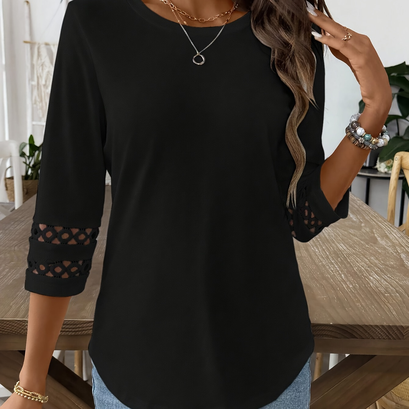 

Elegant Polyester T-shirt For Women - Spring/fall Collection, Solid Color With Lace Shoulder Detail, 3/4 Sleeve, Knit Fabric, Regular Fit