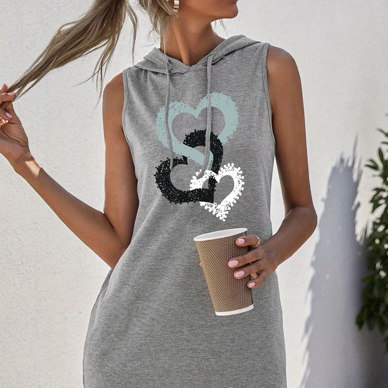 

Heart Print Hooded Tank Dress, Casual Sleeveless Drawstring Dress For Summer, Women's Clothing