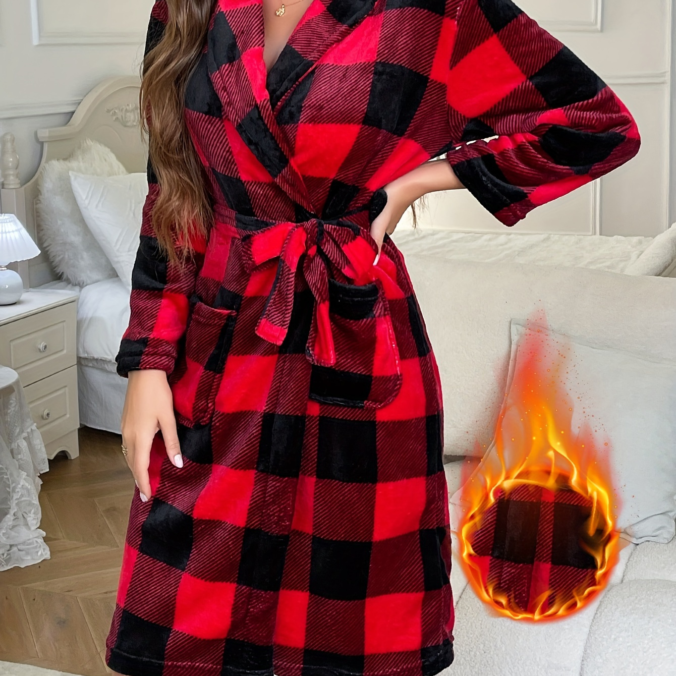 

Casual Plaid Print Fleece Thickened Night Robe For Fall & Winter, Long Sleeve Lapel Sleep Robe With Belt, Women's Loungewear & Sleepwear