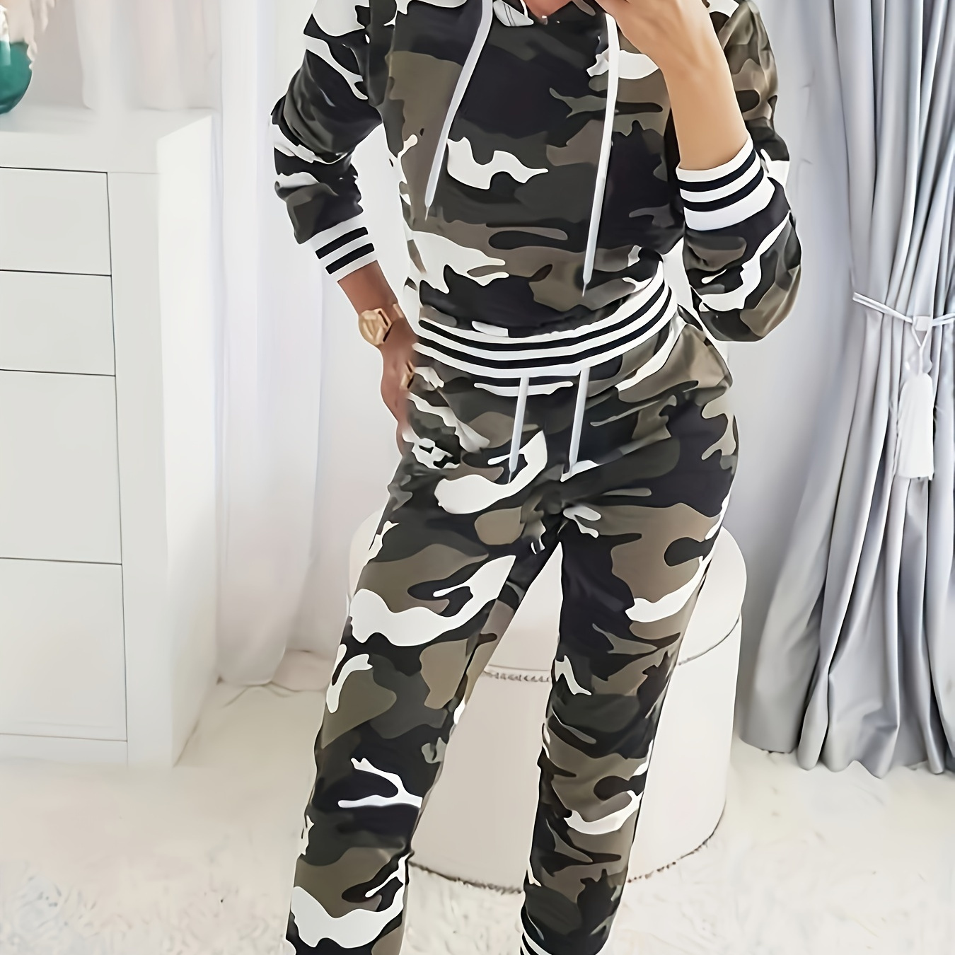 

Camo Print Two-piece Set, Casual Long Sleeve Hoodie & Drawstring Pants Outfits, Women's Clothing