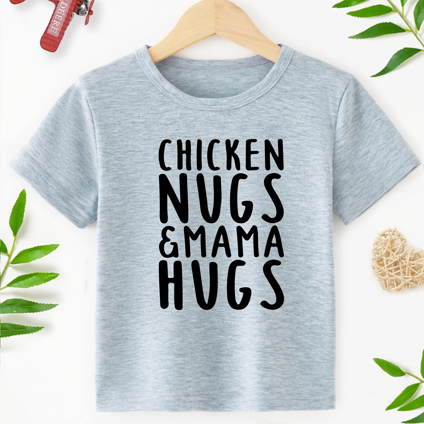 

Boys "chicken Nugs & Mama's Hugs" Round Neck T-shirt Tee Top Casual Soft Comfortable For Summer Kids Clothes