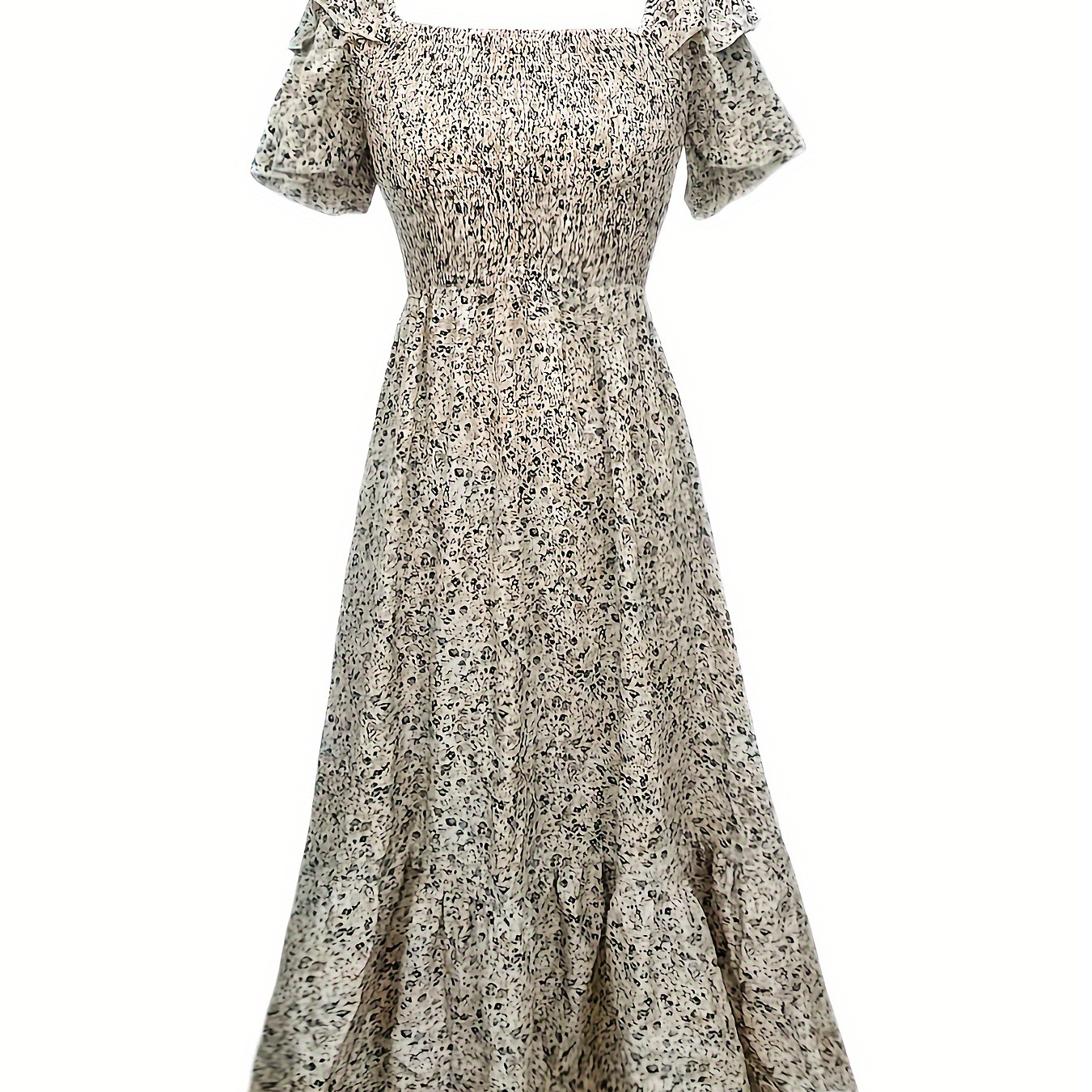 

Floral Print Layered Sleeve Dress, Elegant Square Neck Shirred Aline Dress For Spring & Summer, Women's Clothing