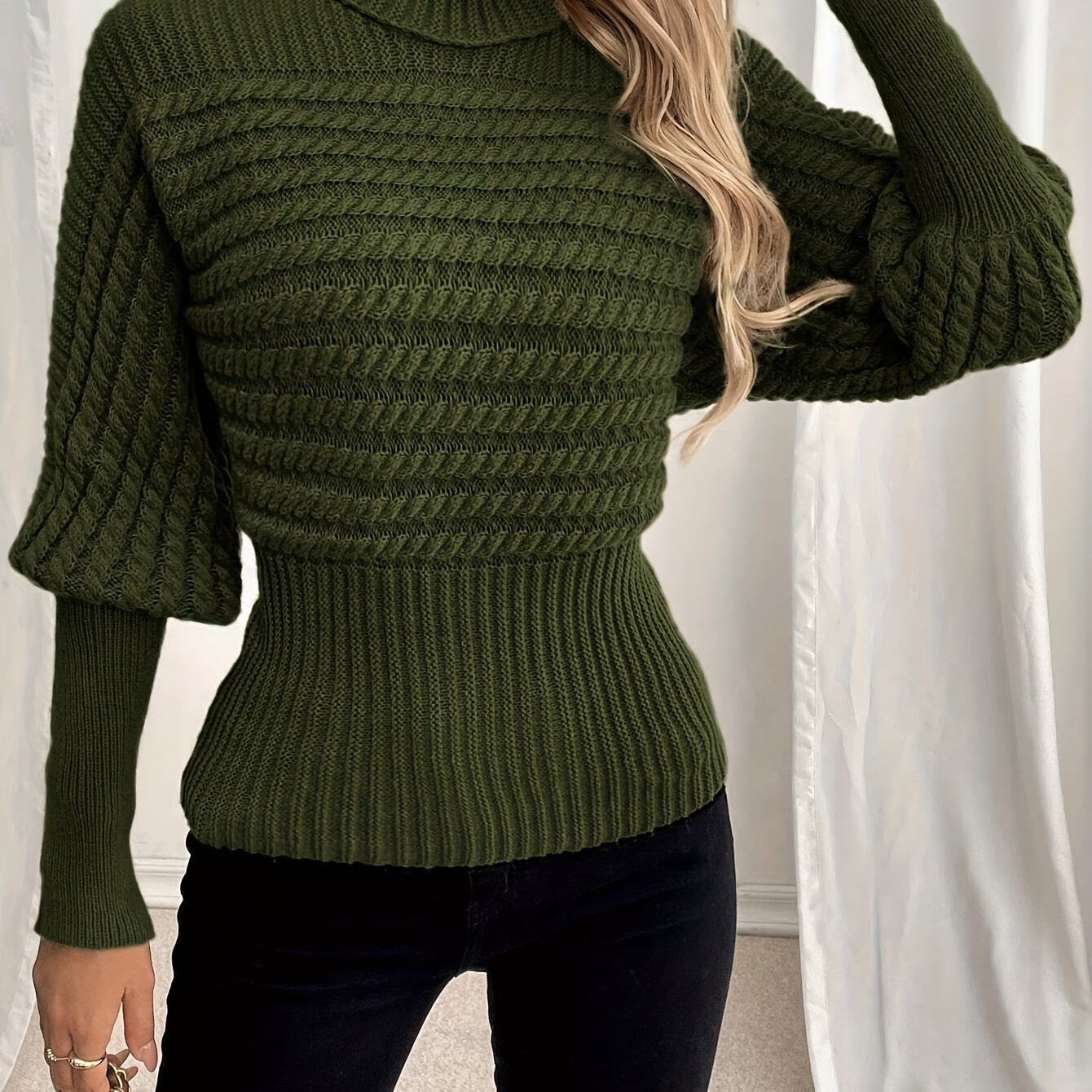 

Women's Olive Green Turtleneck Sweater - Casual Cable Knit, Long Sleeve, Stretchy Acrylic/nylon , Ribbed Detail, Fall/winter