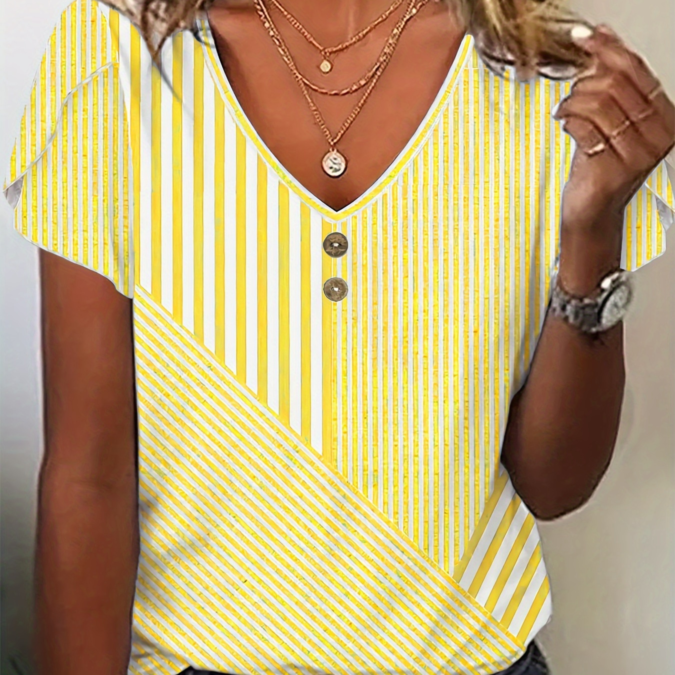

Women's Casual Fashion Striped Print T-shirt With Buttons, V-neck, Polyester, Regular Length, Summer Knit Top