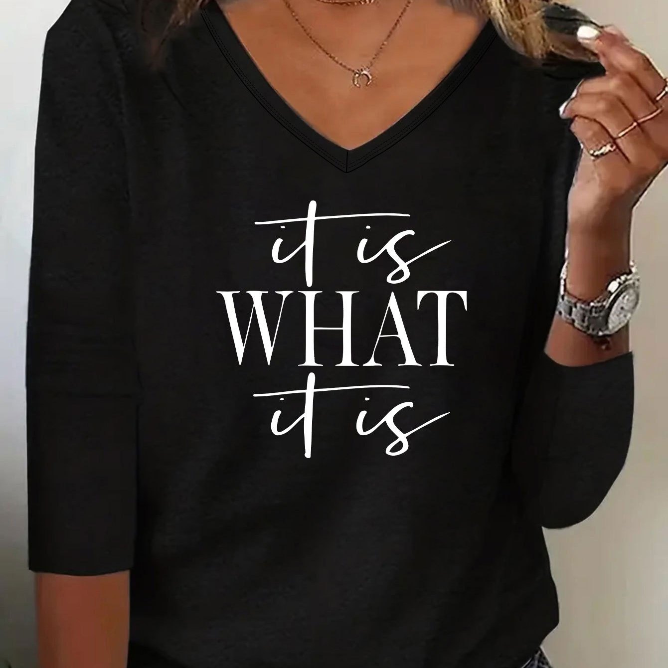 

Women's Casual V-neck T-shirt With Letter Print - Long Sleeve, Stretchy Polyester , Machine Washable - Spring & Fall