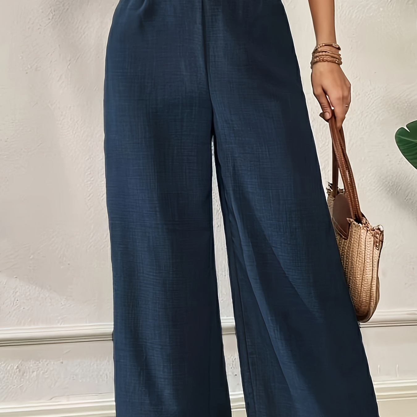 

Solid Color Wide Leg Pants, Casual Shirred High Waist Loose Pants For , Women's Clothing