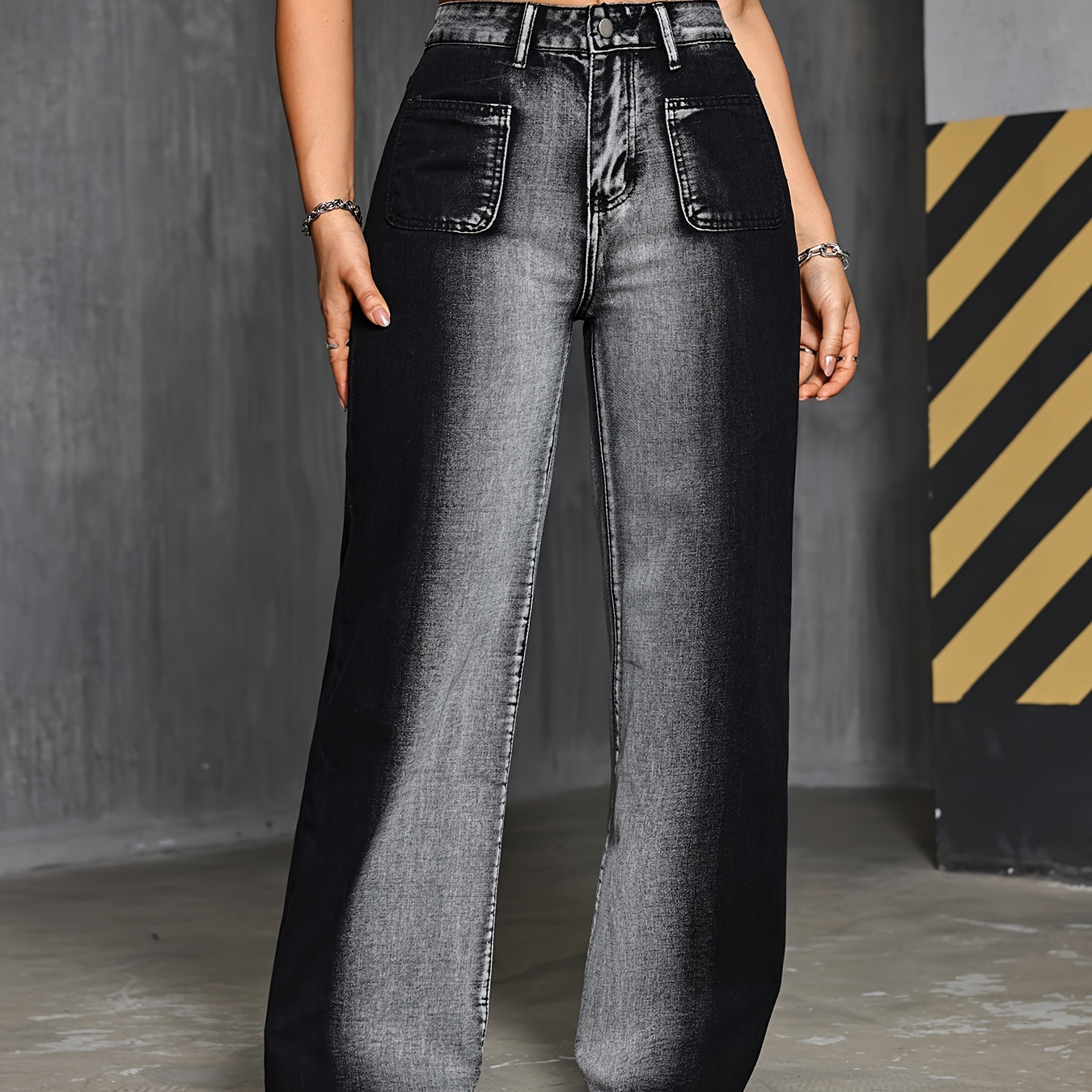 

Vintage-inspired Two-tone Denim Wide-leg Pants, High-waisted Contrast Black And White Jeans For Women Suit For Autumn