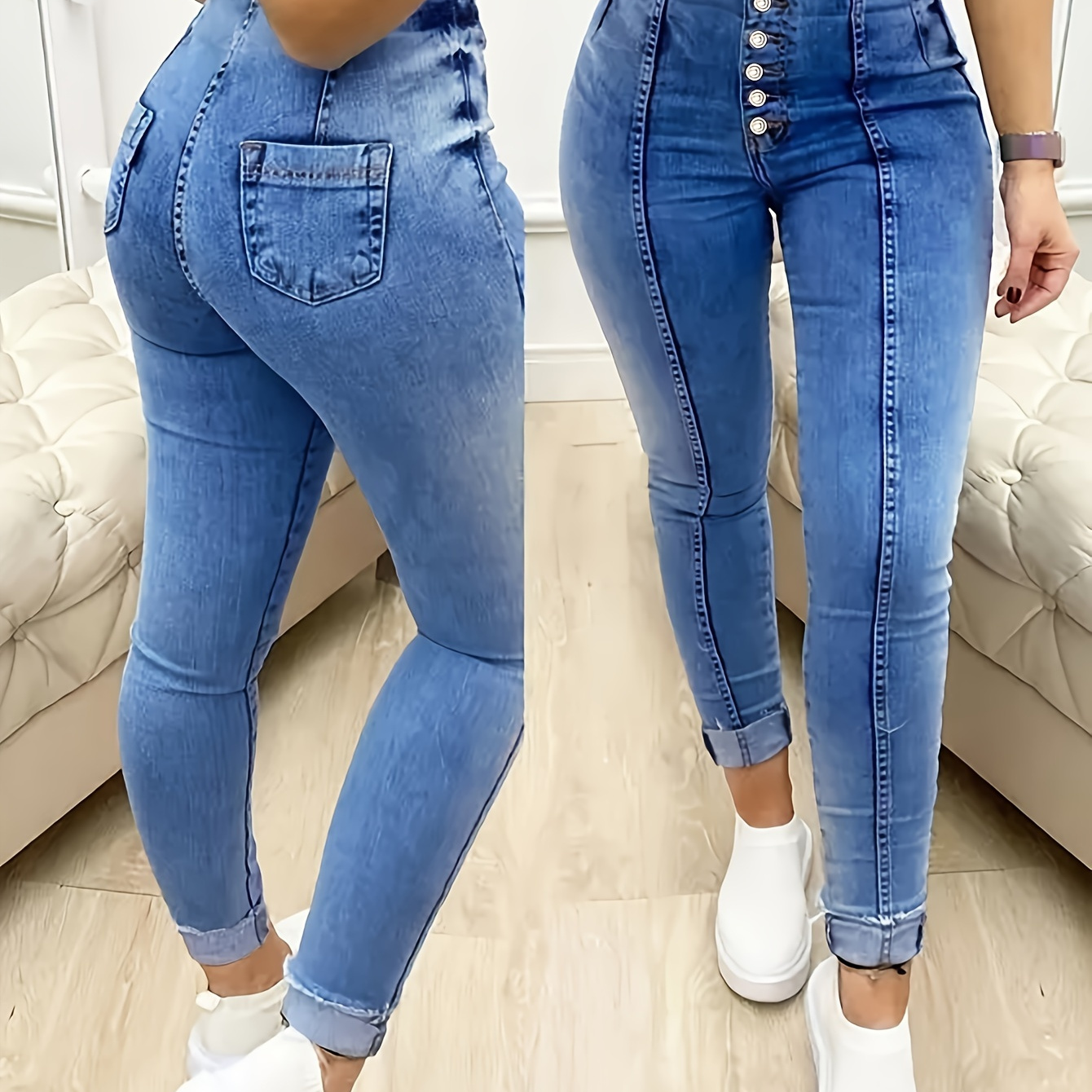 

1pc Elegant Skinny Jeans For Women - Dk5533 Cropped Denim Pants With Button Fly, Washed Solid Color, Medium Stretch Fabric, Woven Weave, Regular Fit For Night Out - All