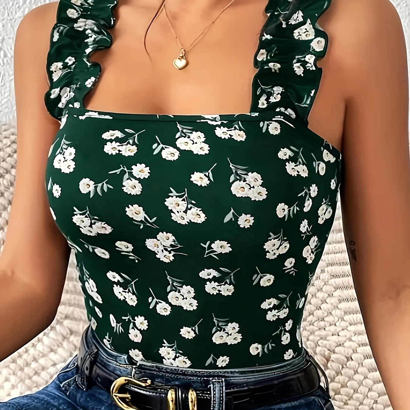 

Print Sleeveless Cami Top With Ruffle Detail - Square Neck, , Machine Washable - Green Floral For Women, Spring/summer/fall