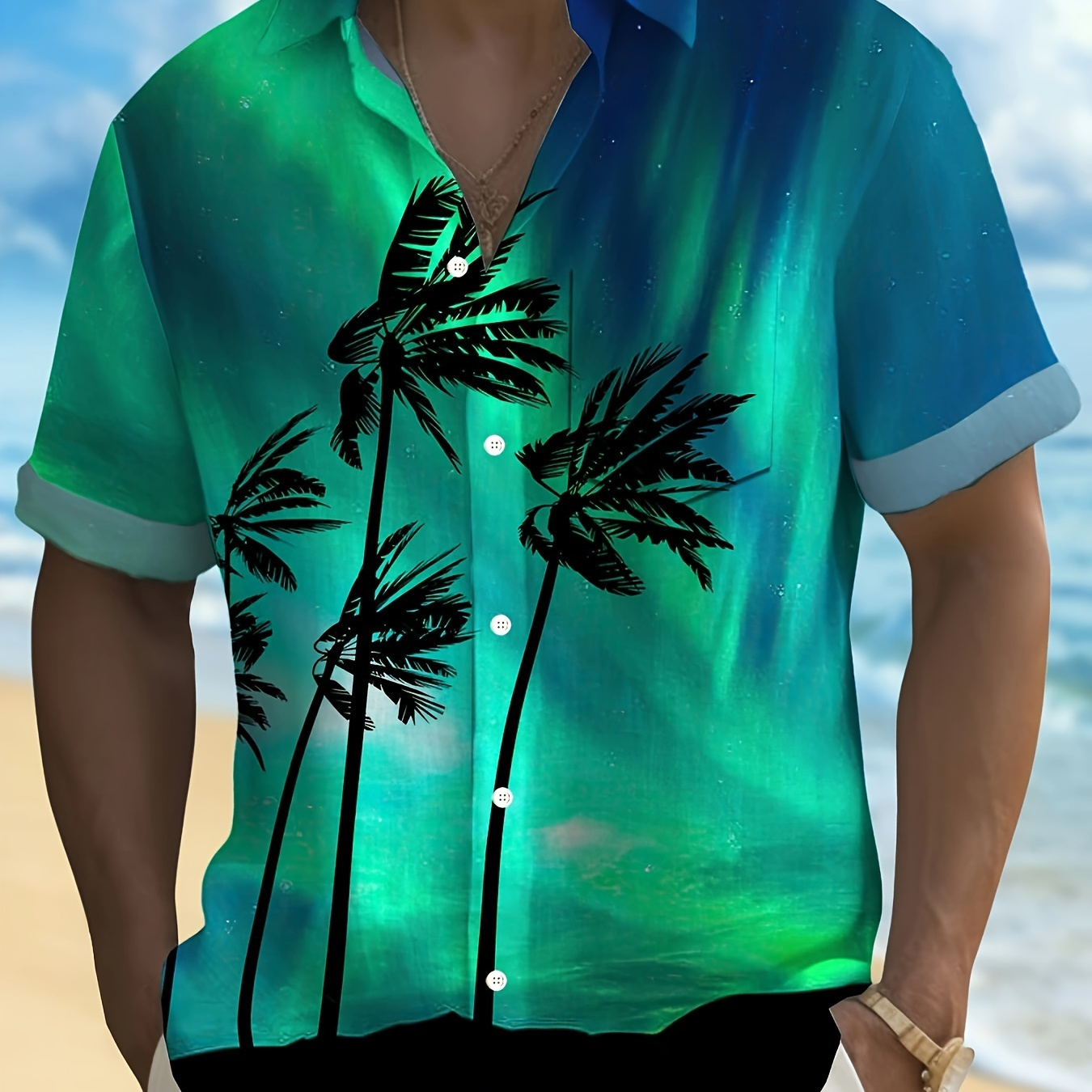 

Aurora Print Hawaiian Shirt, Men's Casual Allover Print Button Up Short Sleeve Shirt For Summer Beach Vacation Resort