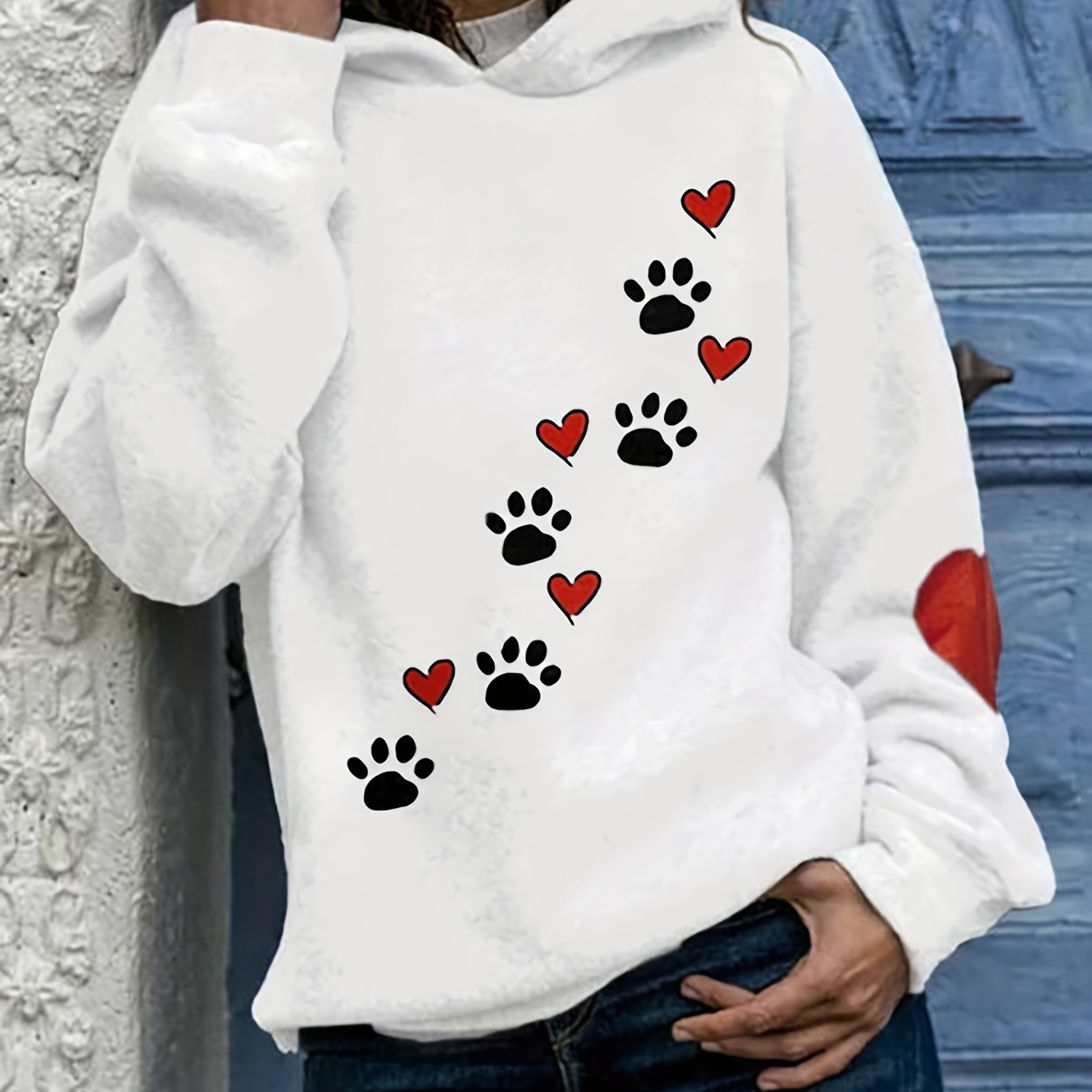  Dog Paw Heart Printed Sweatshirts for Women Waffle