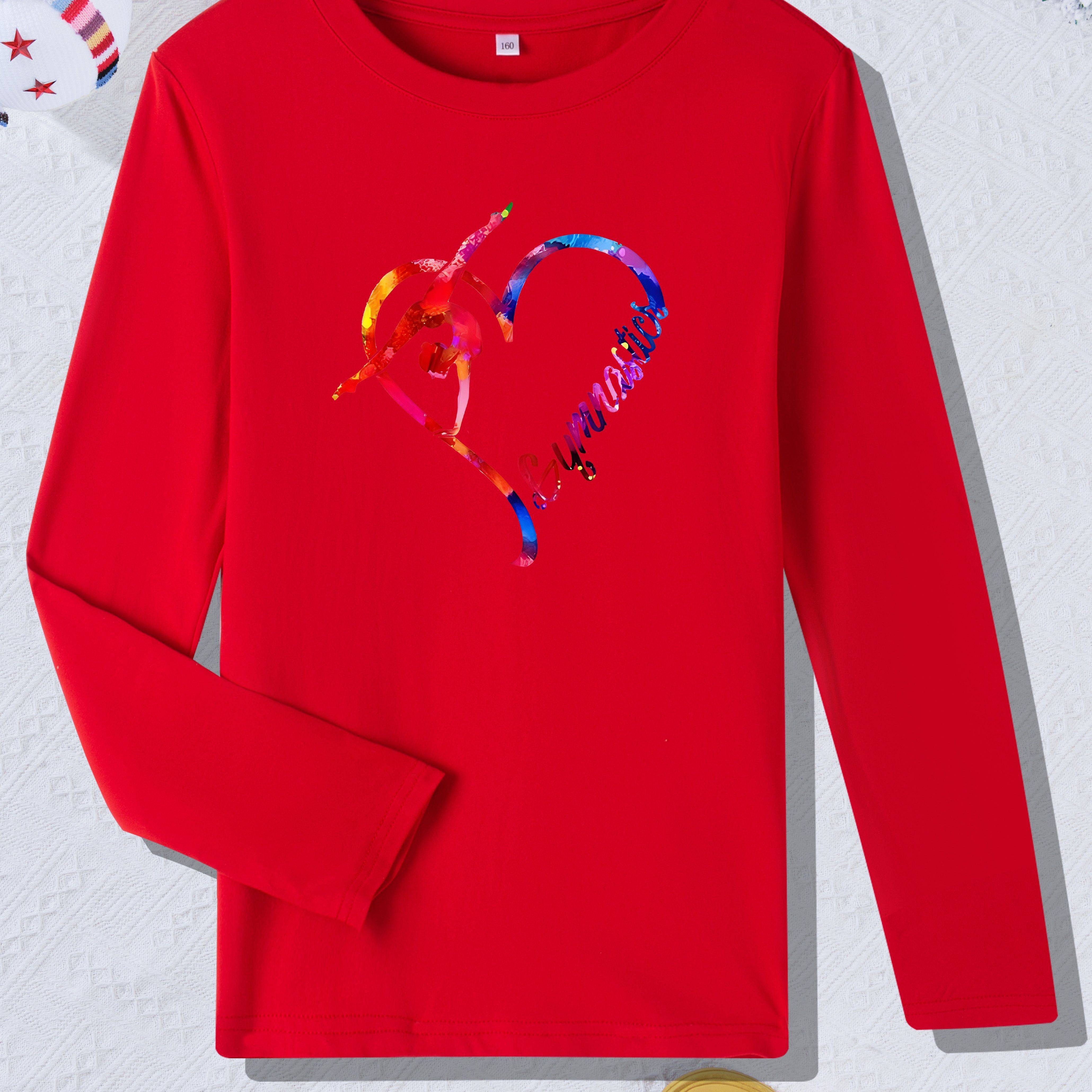 

Colorful Heart With Gymnast Graphic Print, Girls' Casual Long Sleeve T-shirts, Chic And Comfy Clothes For Fall And Winter For Daily Activities