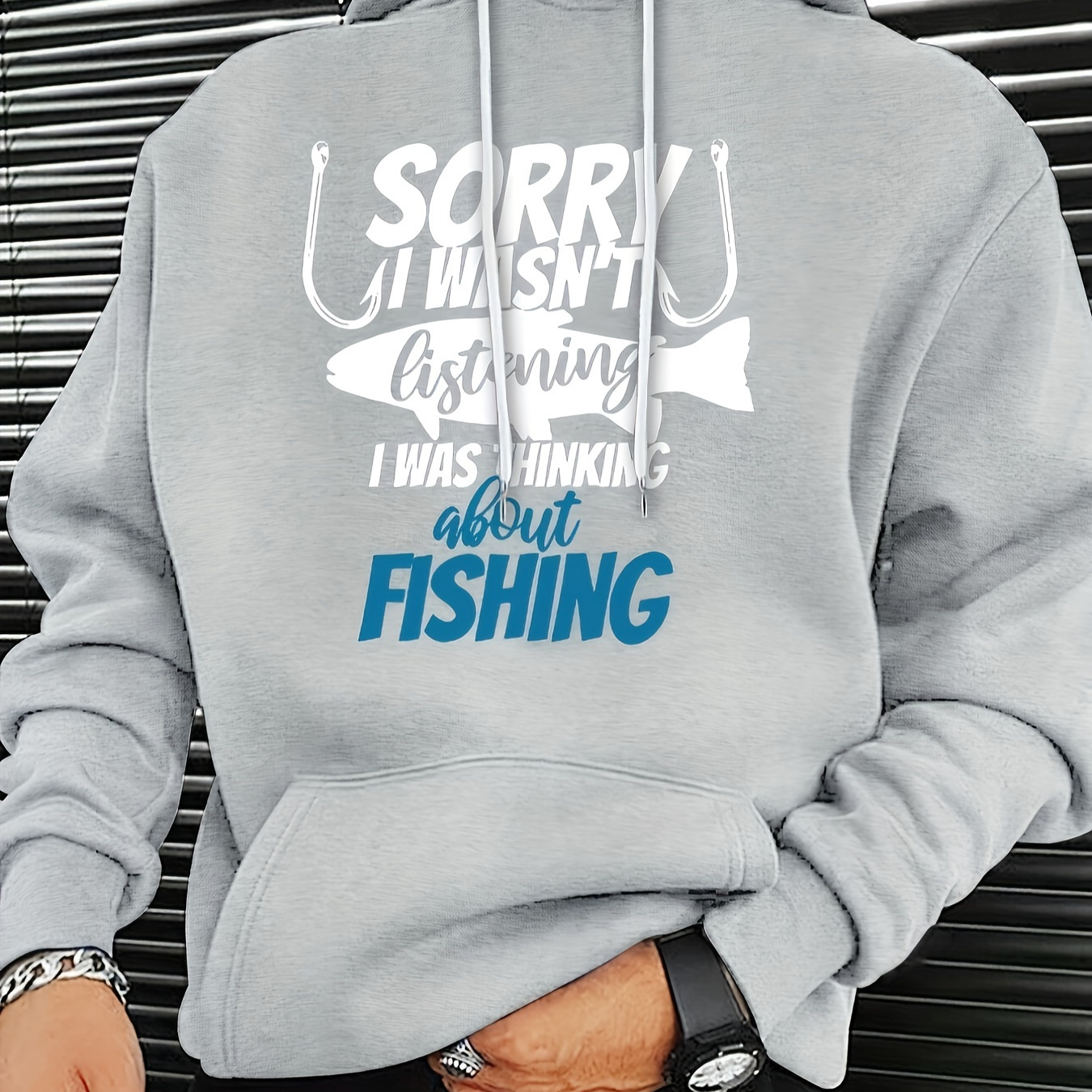 

Men's Long Sleeve Fishing Print, Hoodies Street Casual Sports And Fashionable With Kangaroo Pocket Sweatshirt, Suitable For Outdoor Sports, For Autumn And Winter, Fashionable And Versatile