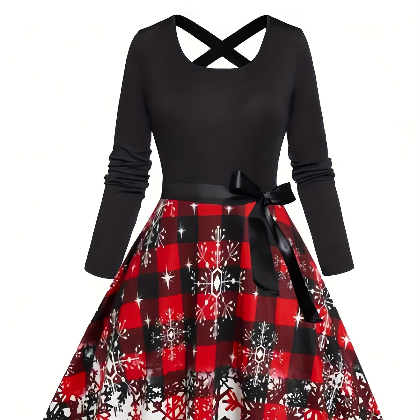 

1pc Elegant Christmas Print Long Sleeve Round Neck A-line Knee-length Dress With Belt For Women, Polyester Knit Fabric, Seasonal