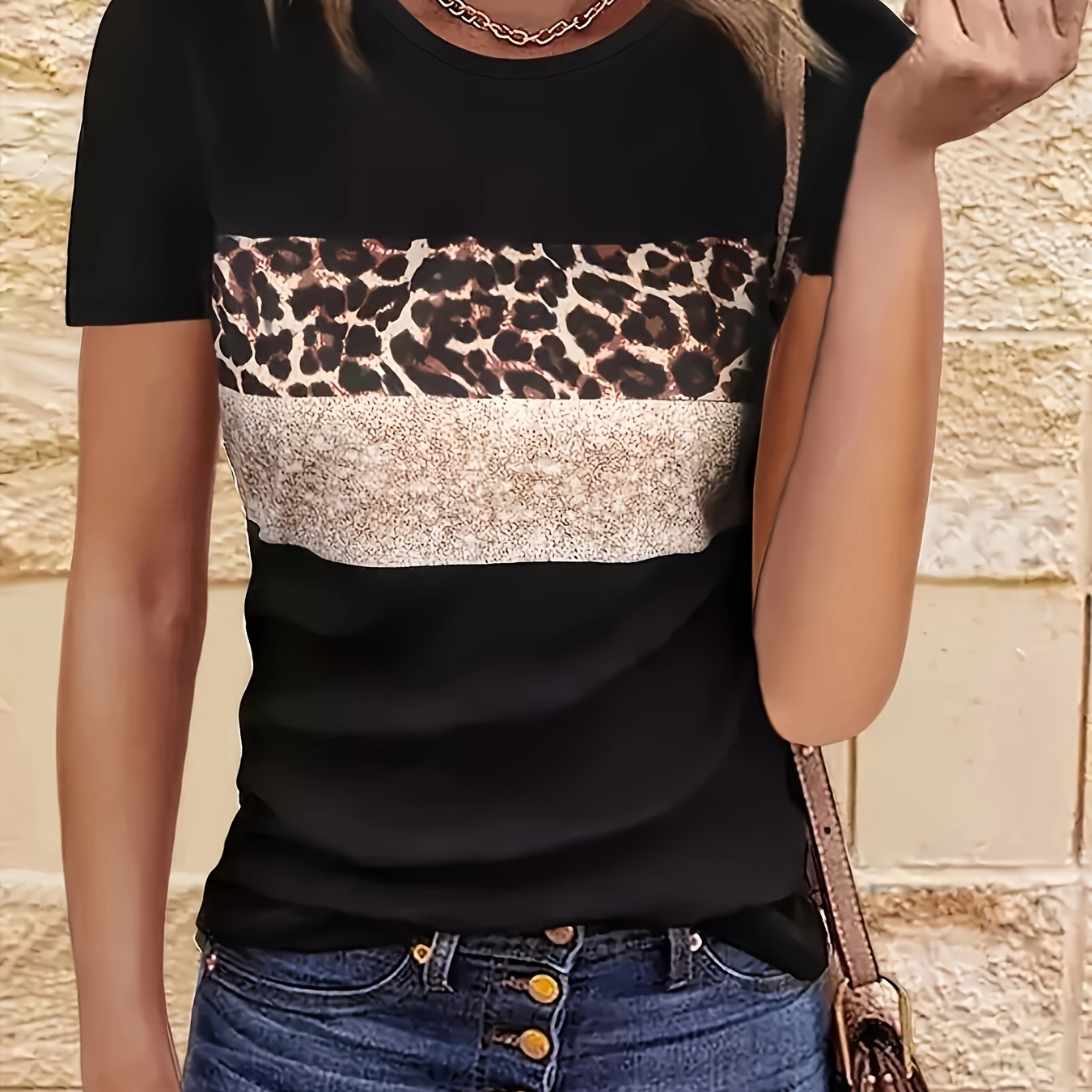 

Chic Leopard Print & White Patchwork Tee - Easy-to-wear, Comfortable Short Sleeve Top With Round Neckline, Spring/summer/fall, Polyester & Elastane , Seasonal Fashion Tee|trendy Pullover|applique