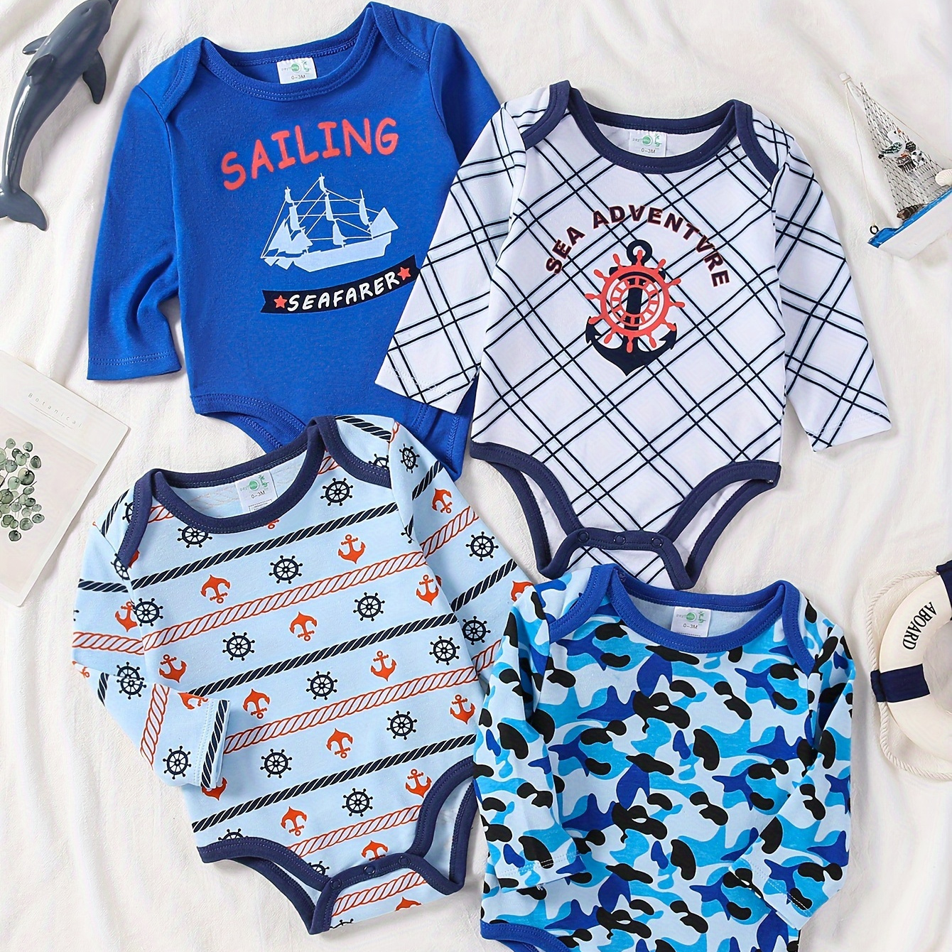 

4pcs Set Of Cozy Cotton Long-sleeve Rompers For Baby Boys - Cartoon Anchor & Sailboat Designs, Fall/winter