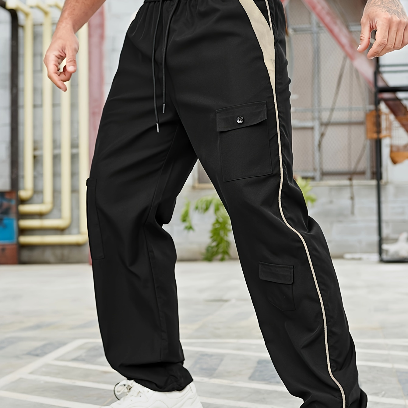 

Chic Color Block Men's Multi-pocket Long Drawstring Cargo Pants For All Seasons Outdoor, Leisure And Street
