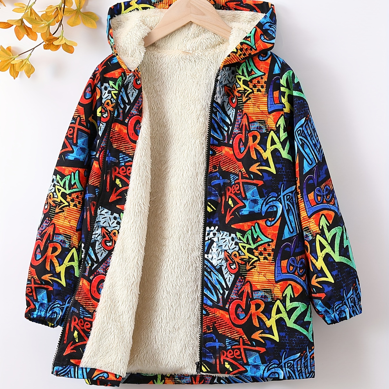 

Kid's "crazy" Graffiti Pattern Fleece Lining Coat, Warm Zip Up Hooded Jacket, Boy's Clothes For Winter Fall Outdoor