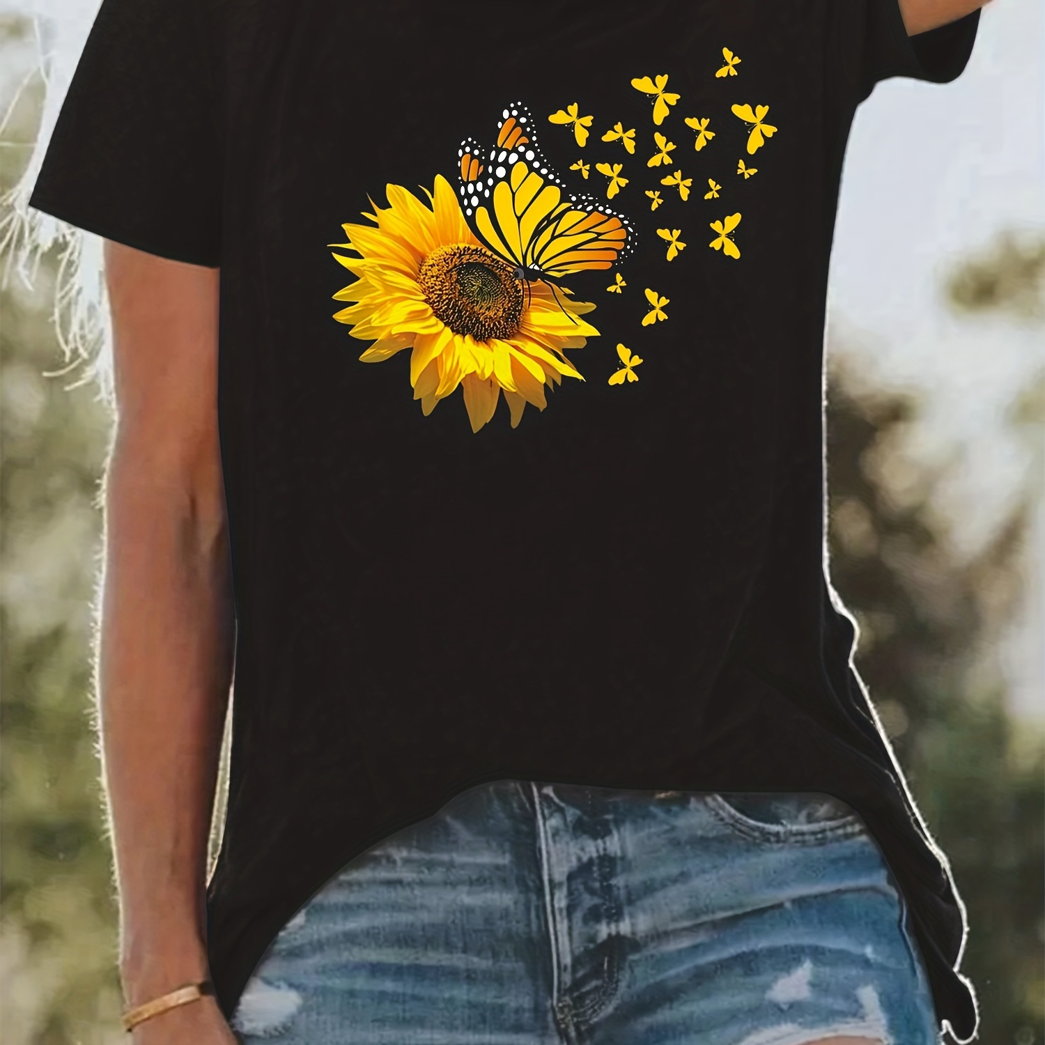 

T-shirt Imprimé Papillon, Haut Décontracté À Manches Courtes Et Col Rond Pour L'été Et Le Printemps, Vêtements Pour Femmes