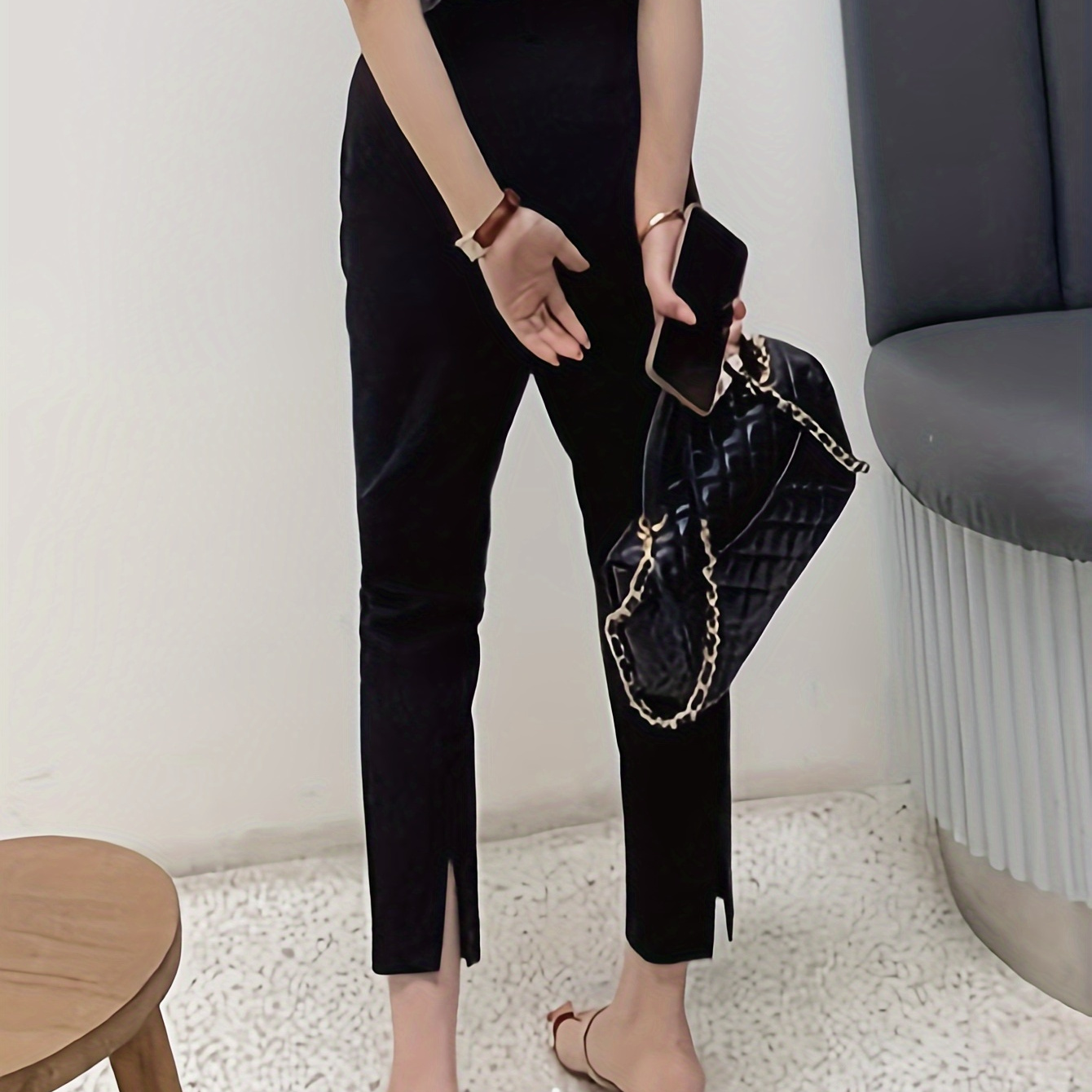 

Solid Color Split Hem Straight Leg Pants, Casual & Versatile High Waist Pants For Spring & Summer, Women's Clothing