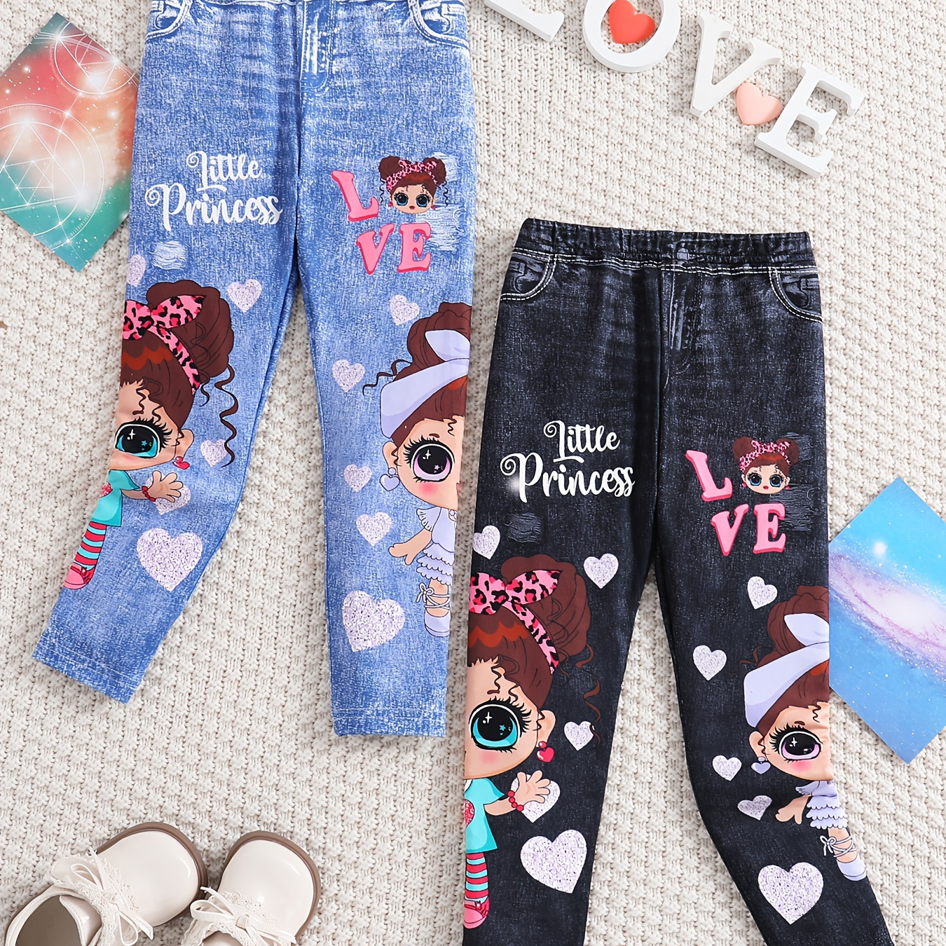 

Girl 2pcs Cartoon Cute Girl & Heart Print Imitation Denim Print Casual Pants Summer Knit Long Leggings (not Jeans)