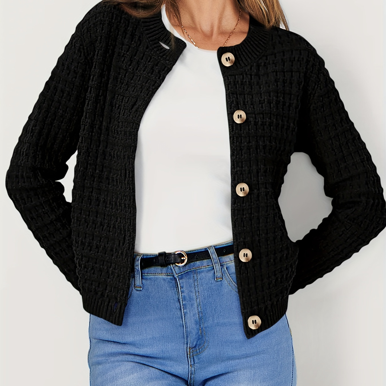 

Solid Color Button Front Cardigans, Elegant Crew Neck Long Sleeve Knitted Cardigans Top For Spring & Fall, Women's Clothing