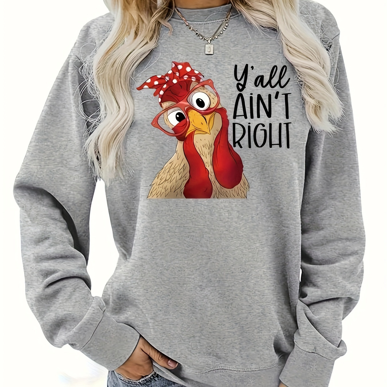 

Chicken Print Pullover Sweatshirt, Casual Long Sleeve Crew Neck Sweatshirt For Fall & Winter, Women's Clothing