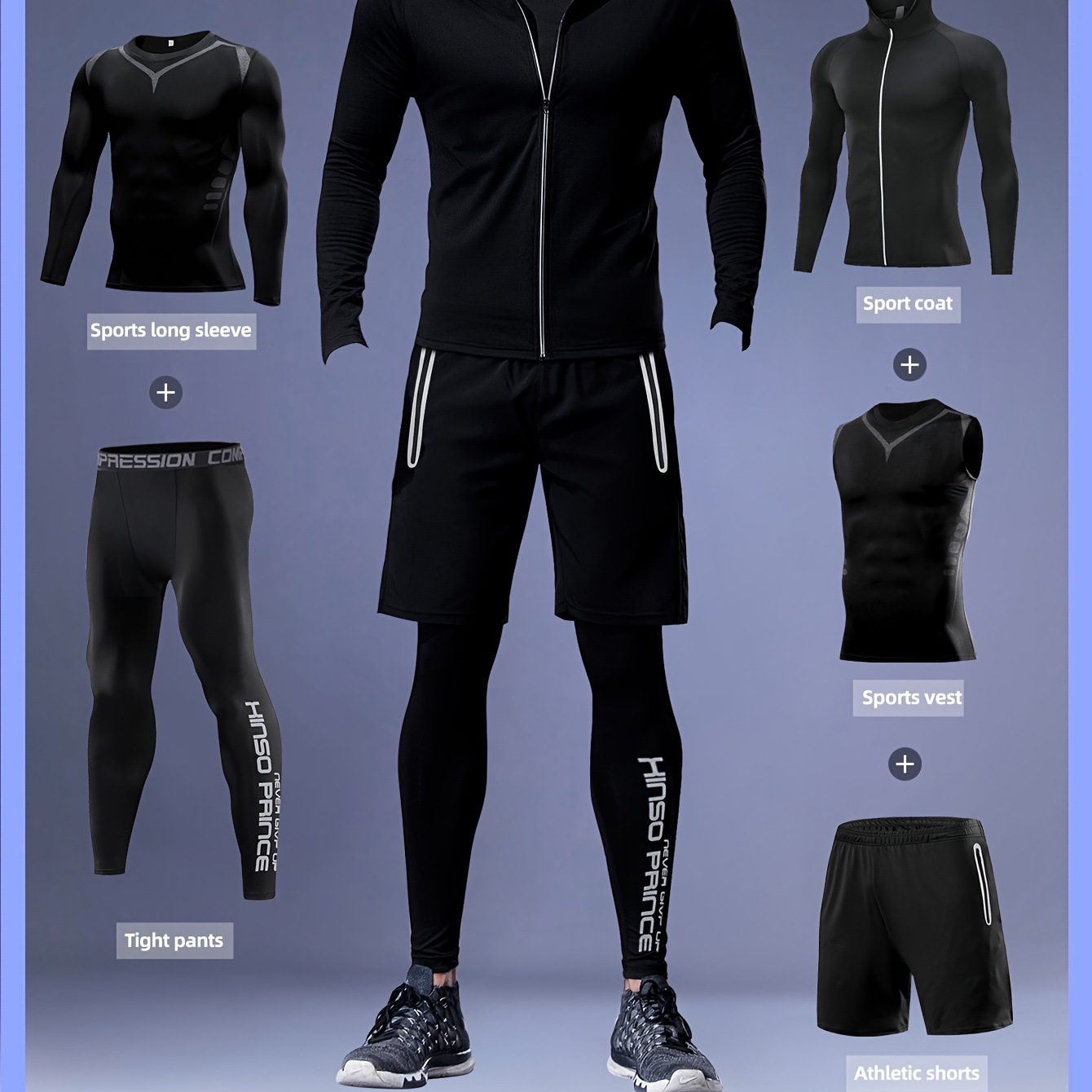 

5pcs Athletic Set: -dry Hooded , Tight Long Top, & Pants - For Gym, &