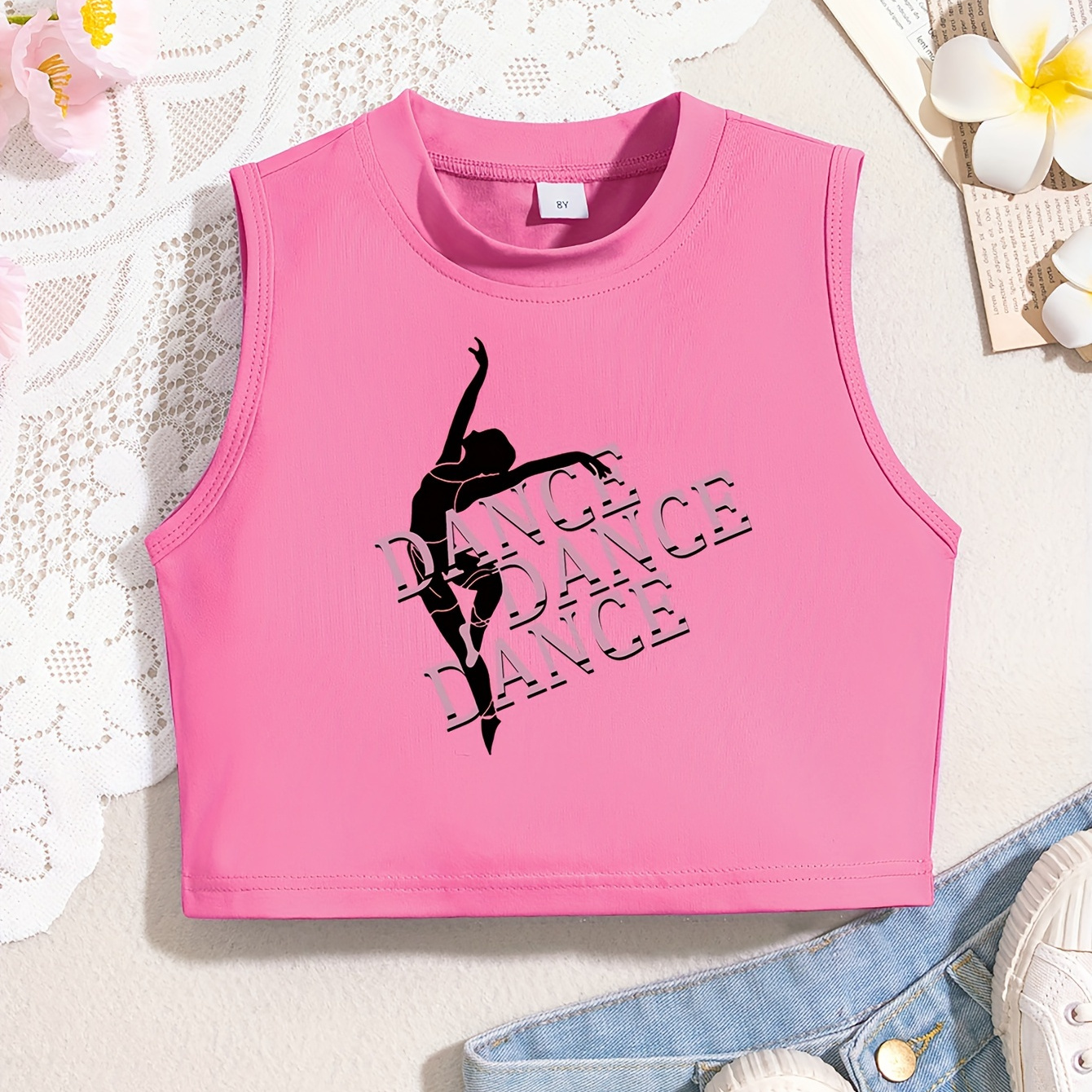 

Girls' Sleeveless Crop Top With Ballet Dancer Print, Soft Stretchy Comfortable Round Neck Tank, Summer Sportswear Style Shirt